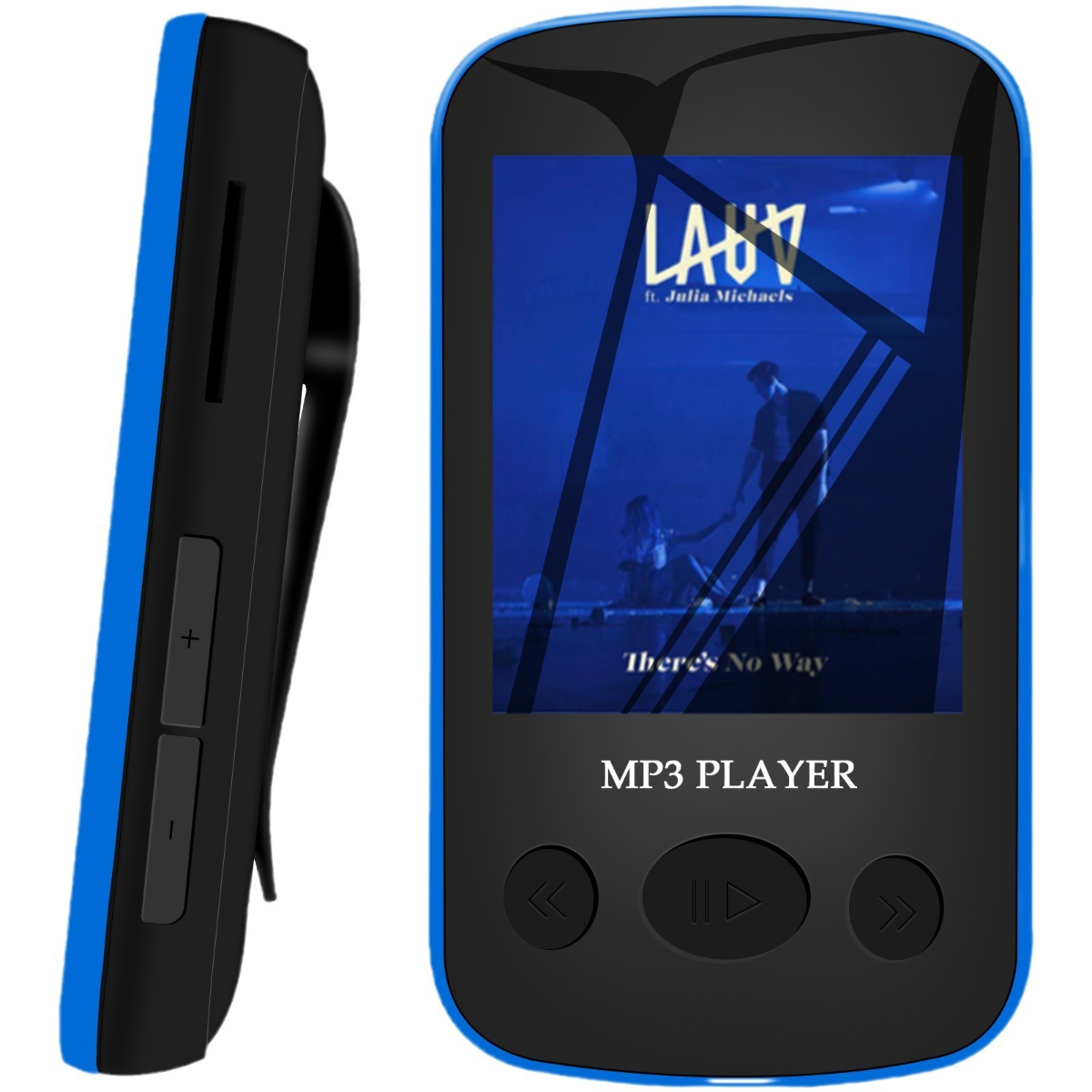 Ein blau-schwarzer MP3-Player mit einem Bildschirm, der ein Albumcover anzeigt.