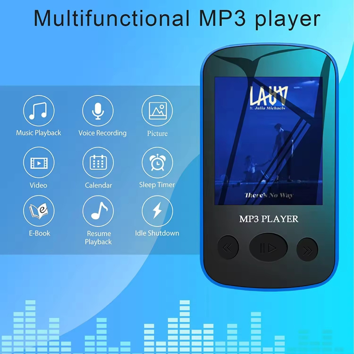 Ein tragbarer MP3-Player mit Bildschirm, der einen Musiktitel anzeigt. Mehrere Symbole stehen für Funktionen.