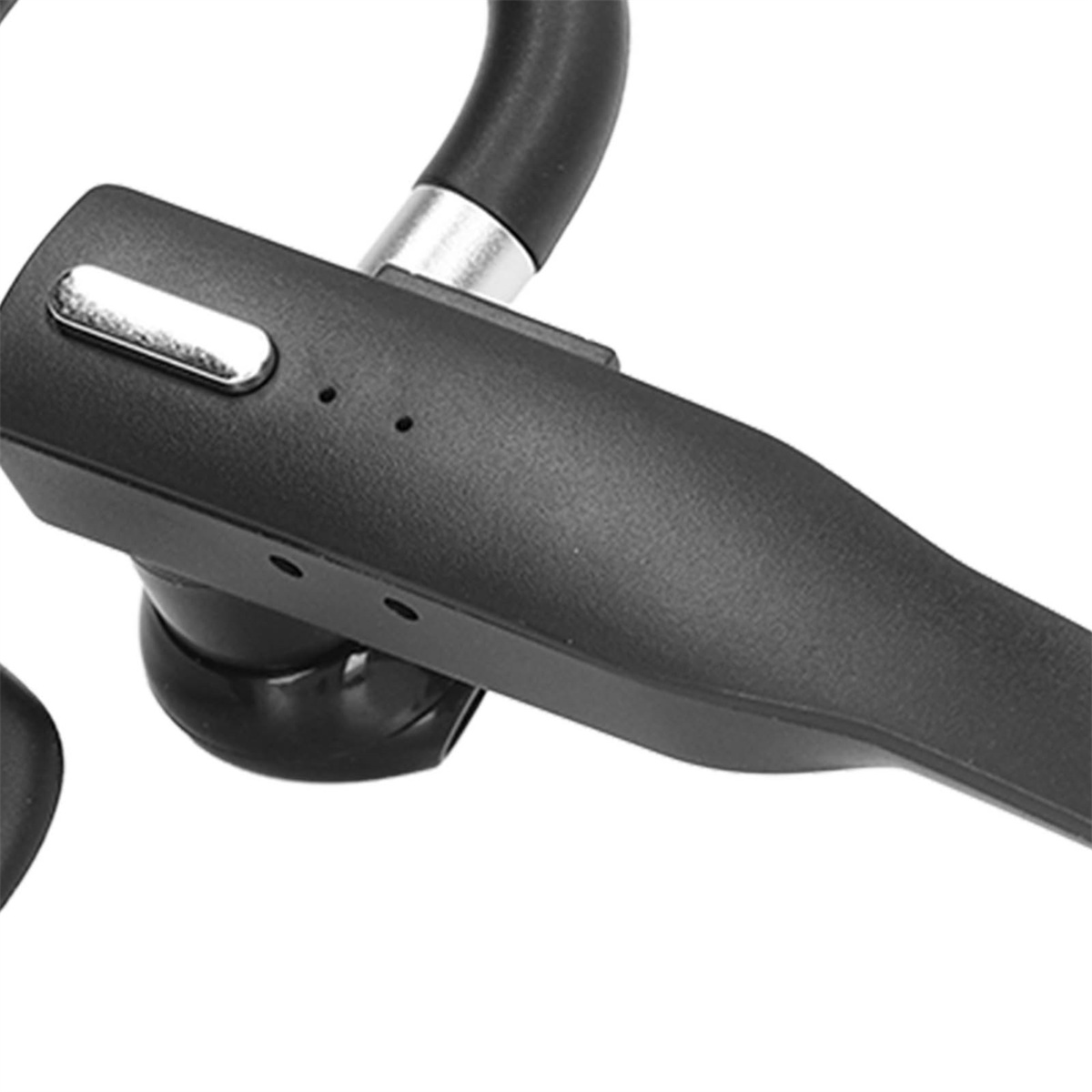 Nahaufnahme eines schwarzen Headset-Mikrofons. Es hat ein kleines Mikrofon am Ende eines Arms.