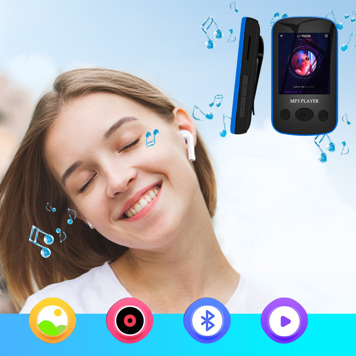 Eine Frau lächelt, trägt weiße Ohrhörer, Musiknoten um sie herum. Ein MP3-Player wird mit blauem Gehäuse angezeigt.