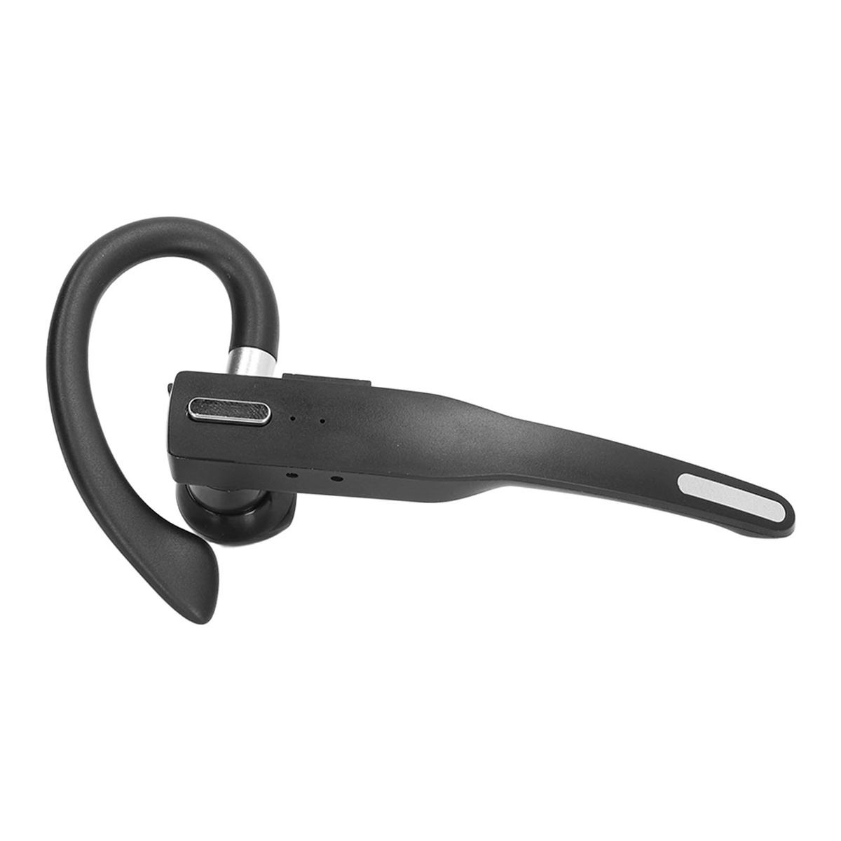 Schwarzes Bluetooth-Headset. Gebogenes Design mit Haken, weißer Hintergrund.
