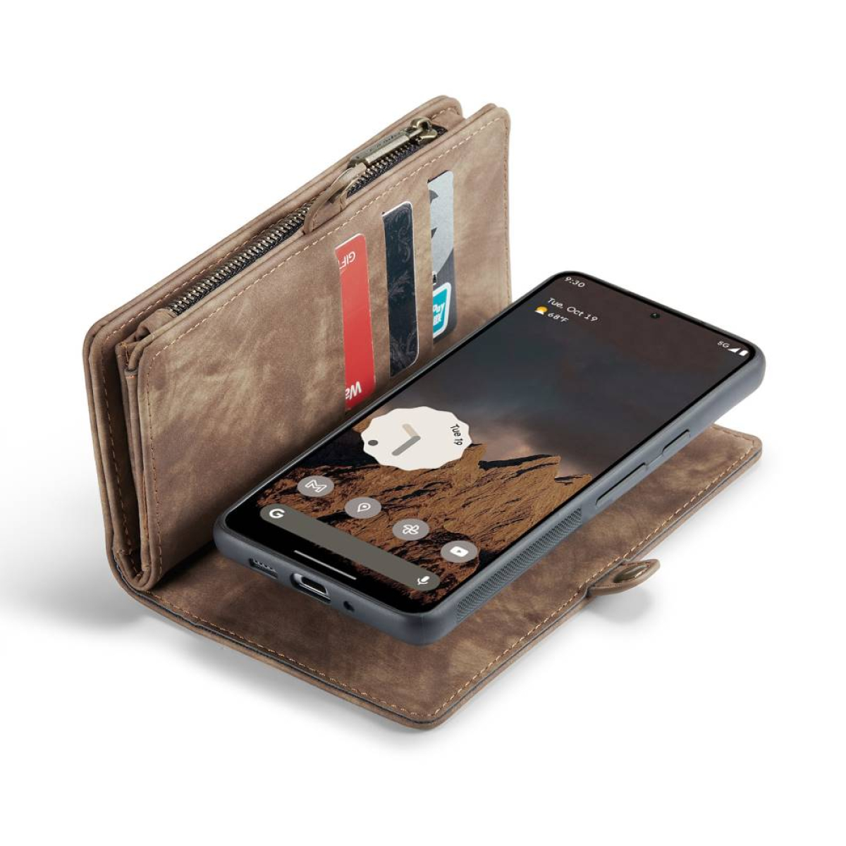 Braune Brieftaschen-Handyhülle mit Telefon, Karten und Reißverschluss.