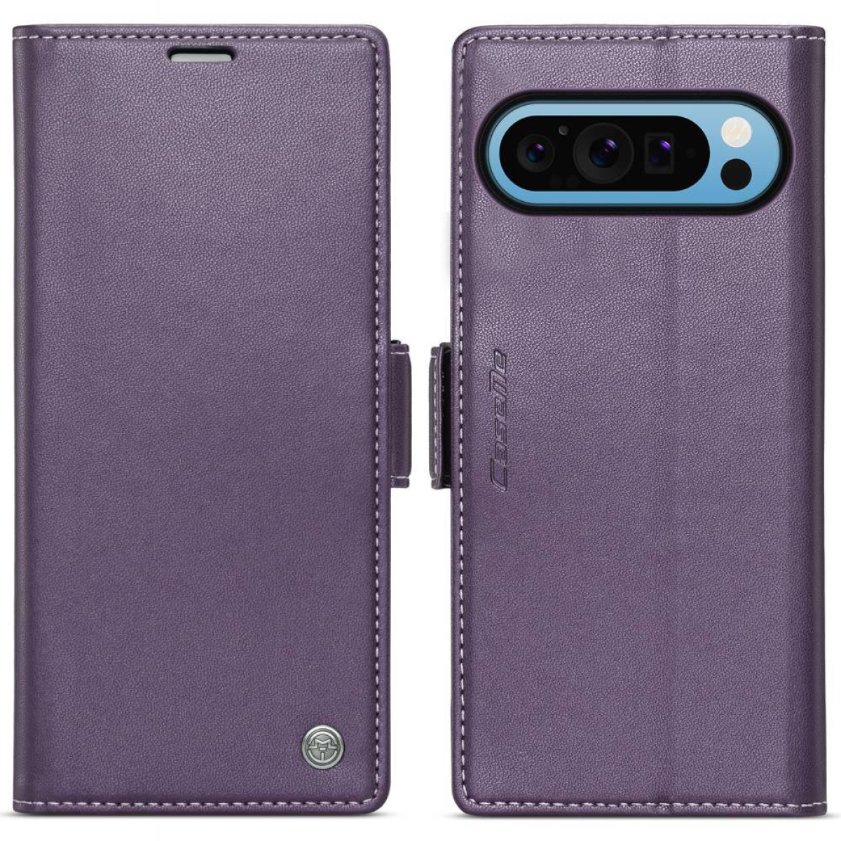 Lila Handyhülle, offen und geschlossen, mit Handy. Mit Magnetverschluss.