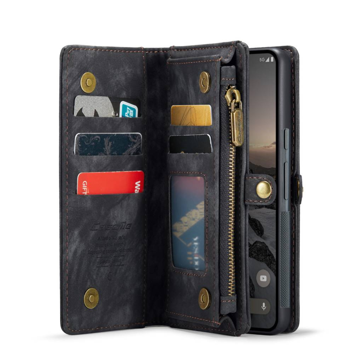 Schwarzes Leder-Portemonnaie-Handy-Case, geöffnet mit Karten und Telefon.