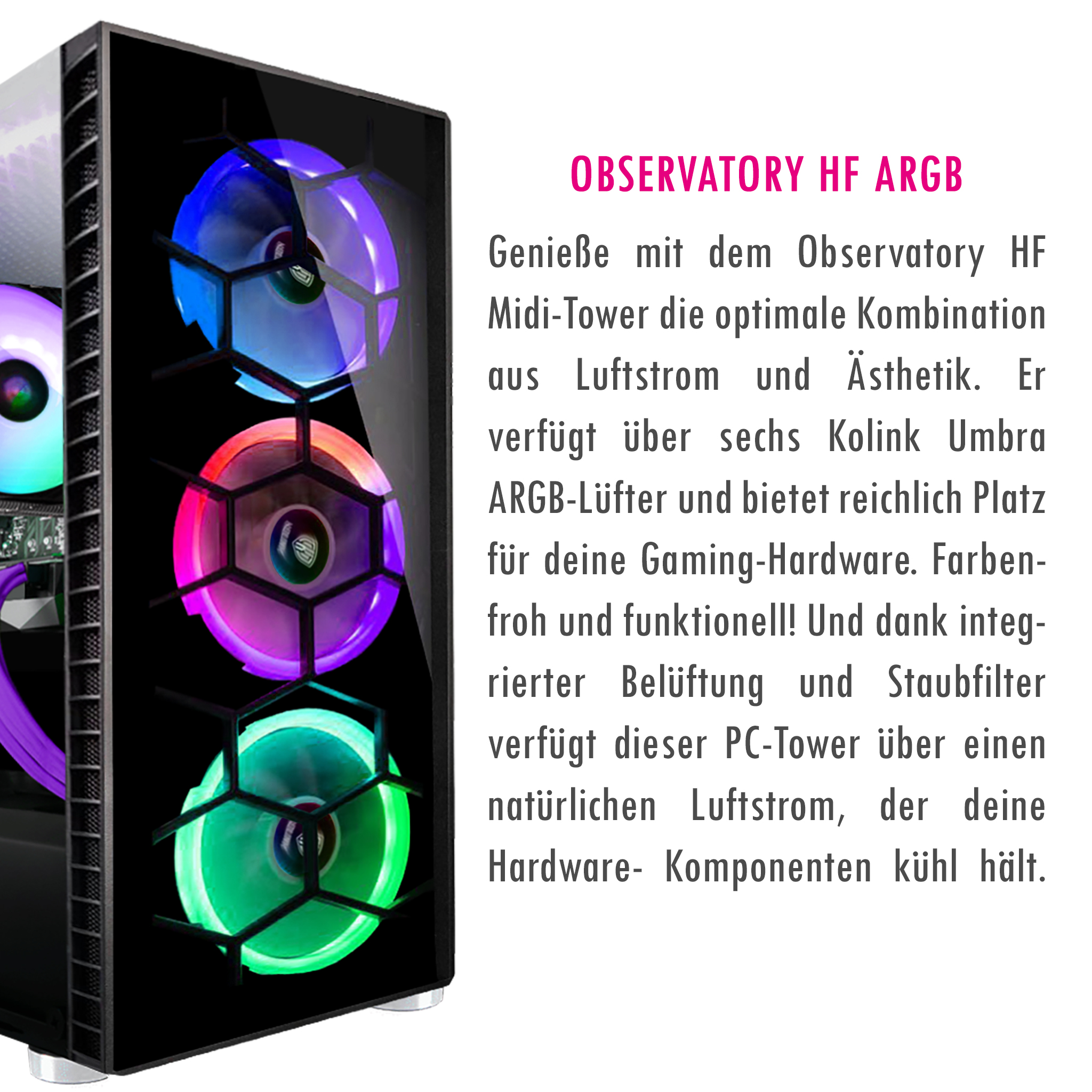 Schwarzes PC-Gehäuse mit Glas-Seitenwand, drei Lüftern mit bunten Lichtern innen.