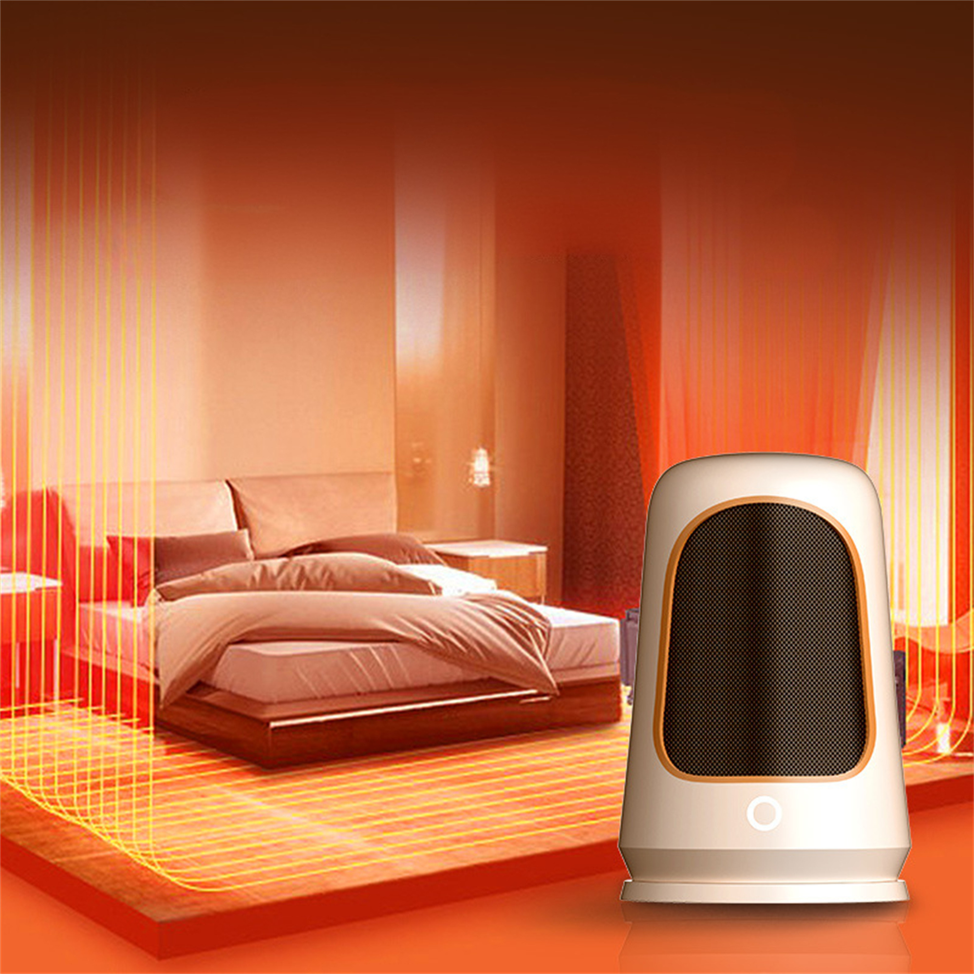 Ein beiger Elektroheizer in einem Zimmer mit Bett, das eine warme Atmosphäre schafft.