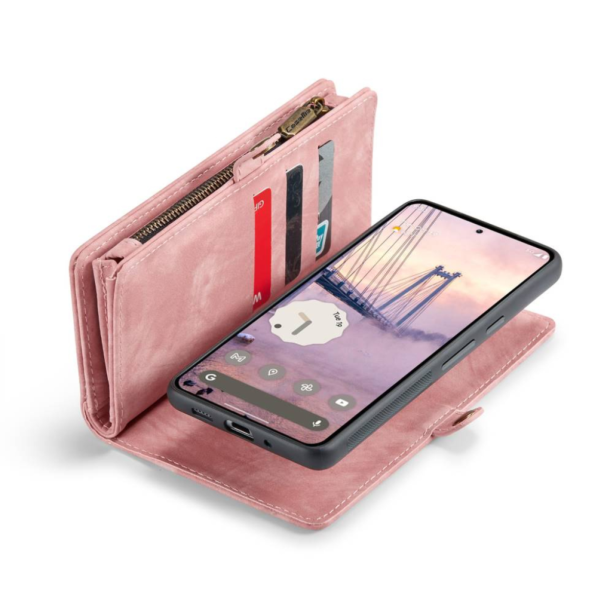 Rosa Brieftasche-Handyhülle mit Smartphone. Das Telefon zeigt ein Bild einer Brücke auf seinem Bildschirm.