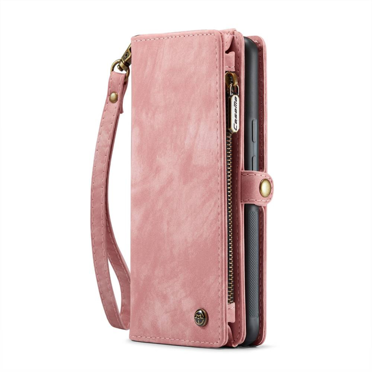 Rosa, lederne Brieftaschen-Handyhülle mit Reißverschlussfach und Handschlaufe.