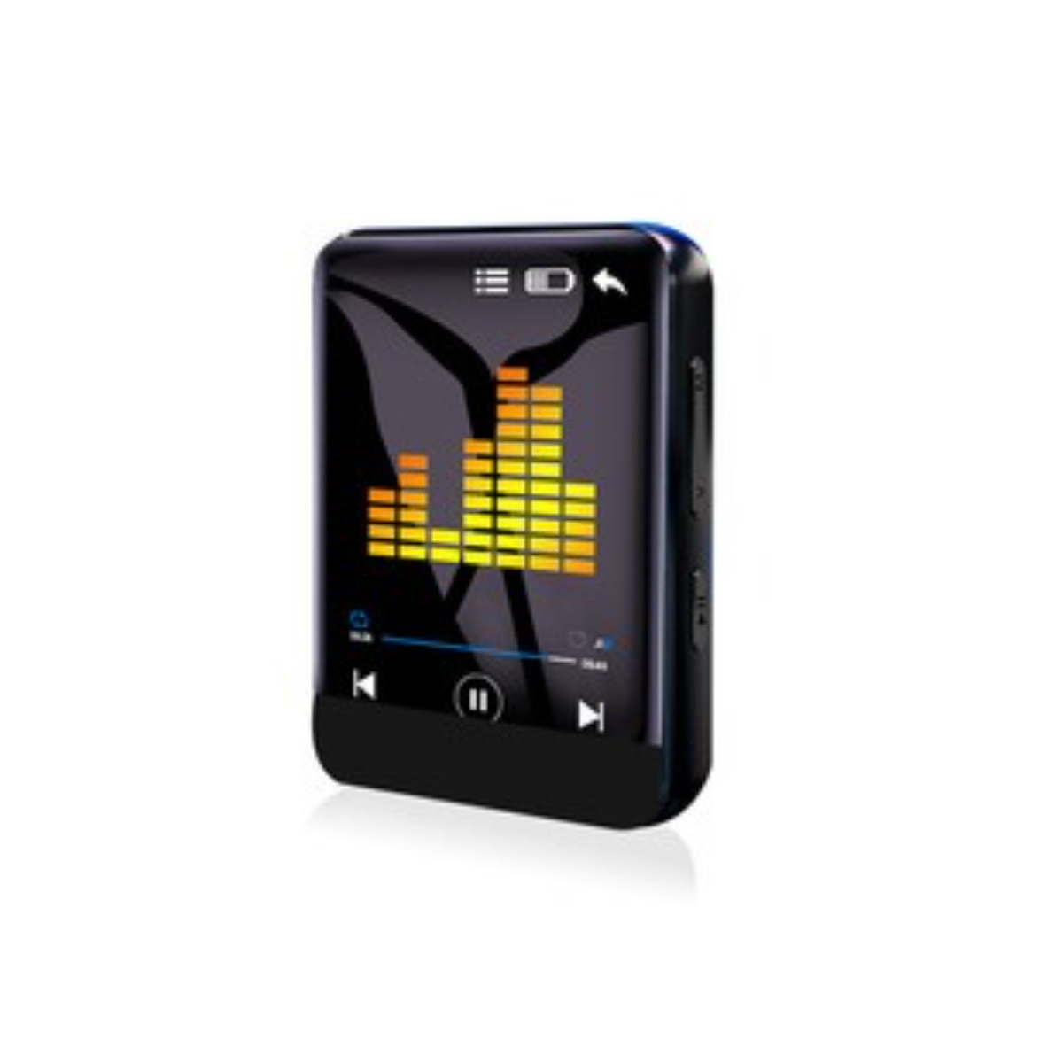 Schwarzer und blauer MP3-Player mit Bildschirm, der einen Equalizer anzeigt. Weißer Hintergrund.