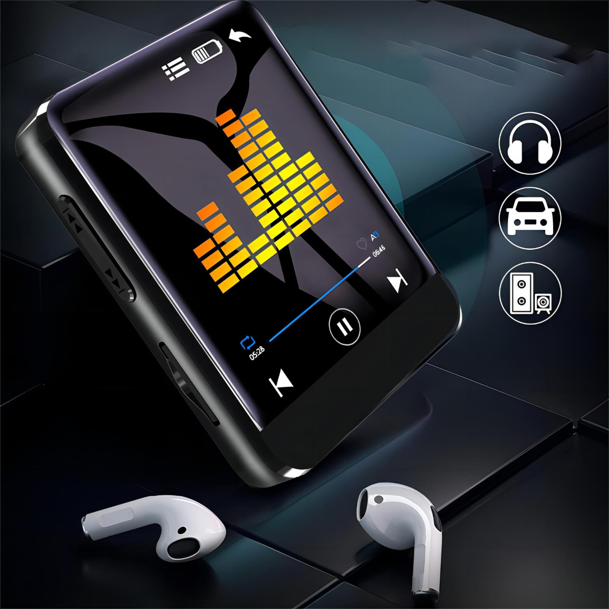 Schwarzer MP3-Player mit Kopfhörern und Ladecase. Der Hintergrund ist schwarz.