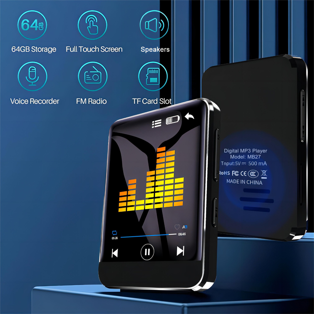 Schwarzer digitaler MP3-Player. Anzeige mit einer Schallwelle. Tasten befinden sich auf der Vorderseite.