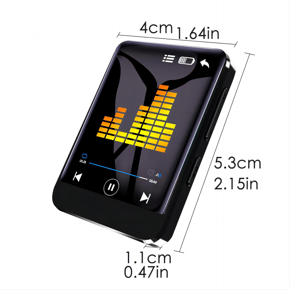 Ein schwarzer MP3-Player mit einem Bildschirm, der einen Musik-Equalizer und Abmessungen in cm/Zoll anzeigt.