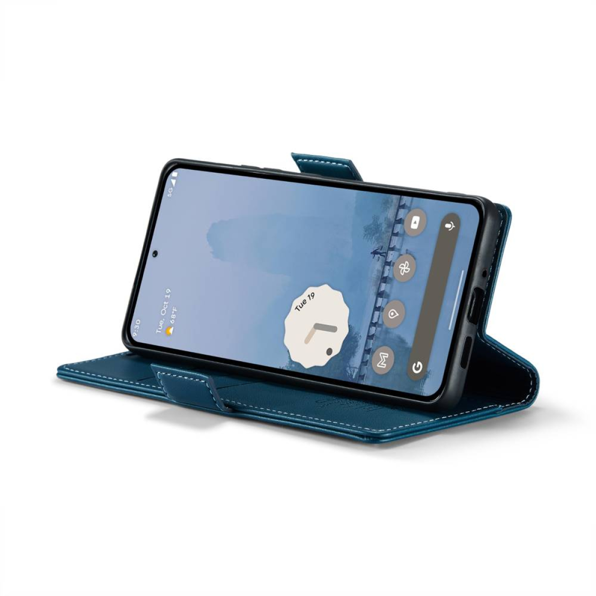 Blaue Handyhülle mit Telefon, das den Bildschirm mit Datum zeigt.