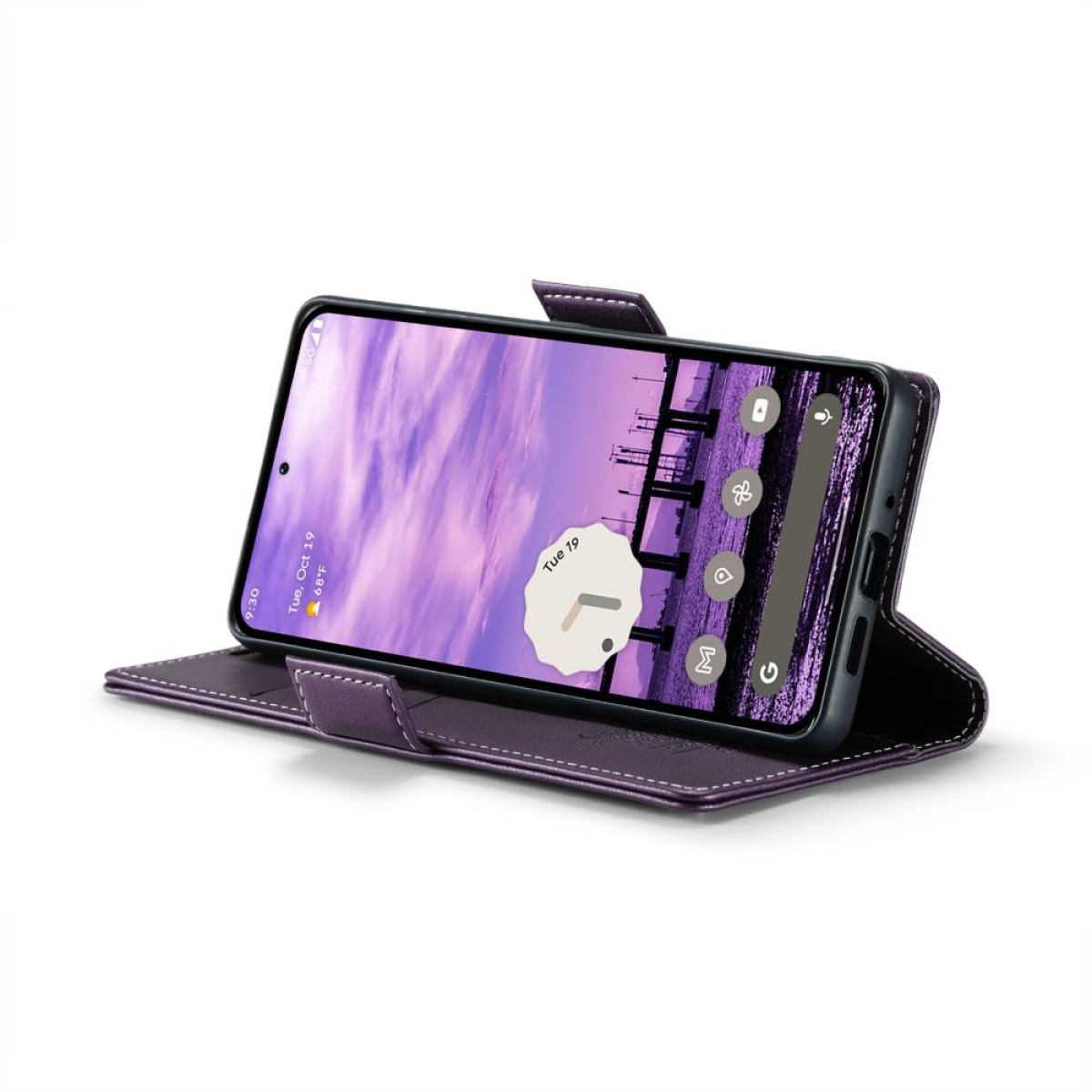 Ein lila Telefon in einer lila Hülle-Geldbörse, mit einer Landschaft auf dem Bildschirm.
