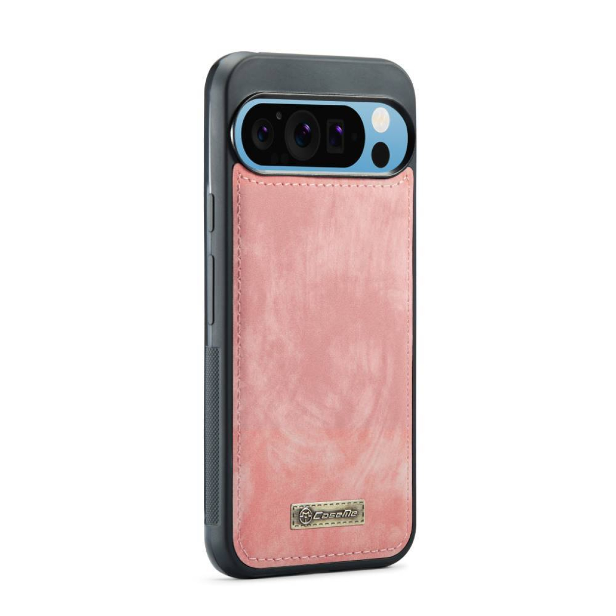 Rosa Handyhülle mit Kartenfach auf einem schwarzen Telefon. Schwarze Ränder. Weißer Hintergrund.