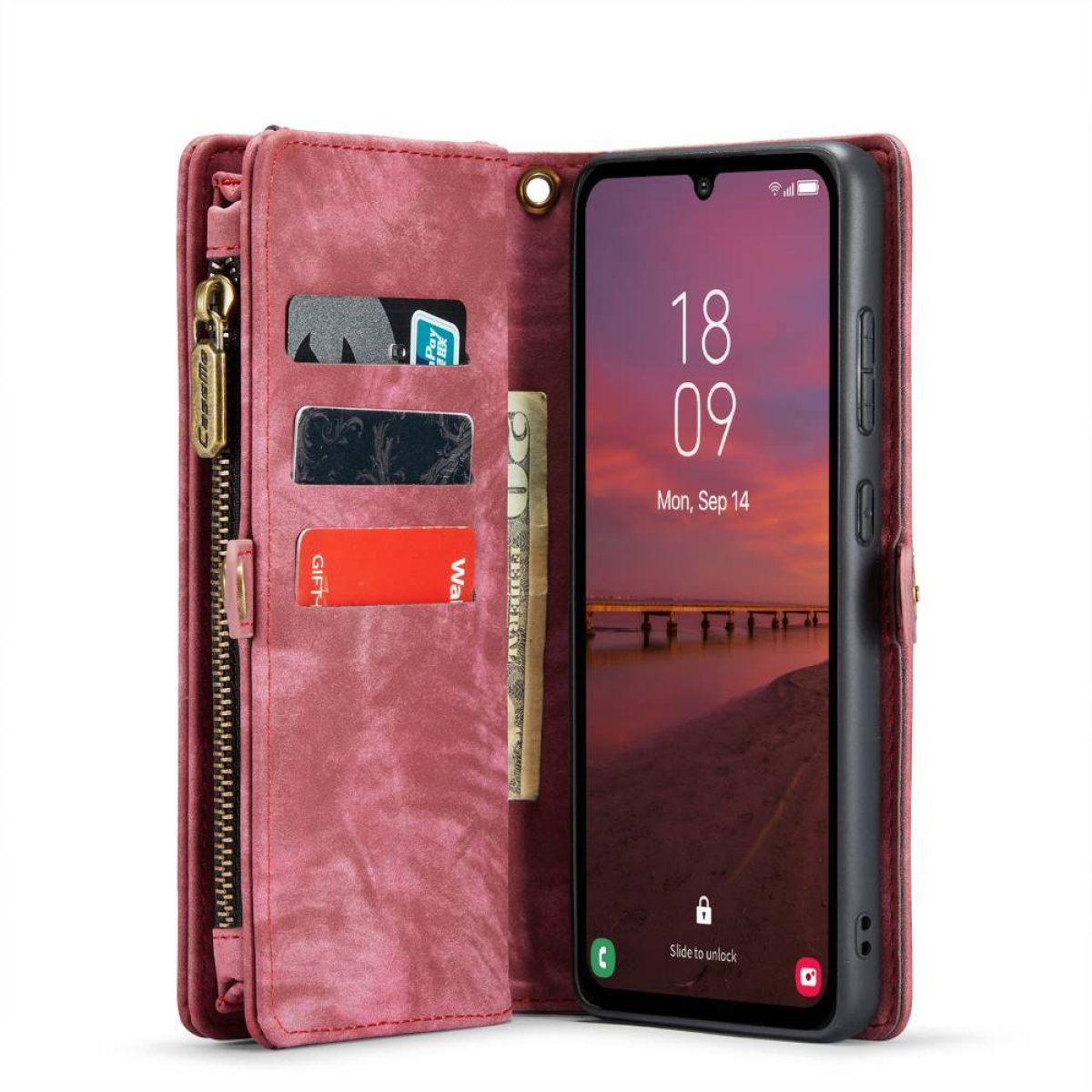 Geöffnete pinkfarbene Brieftaschen-Handyhülle mit Telefon, Karten und Bargeld im Inneren.