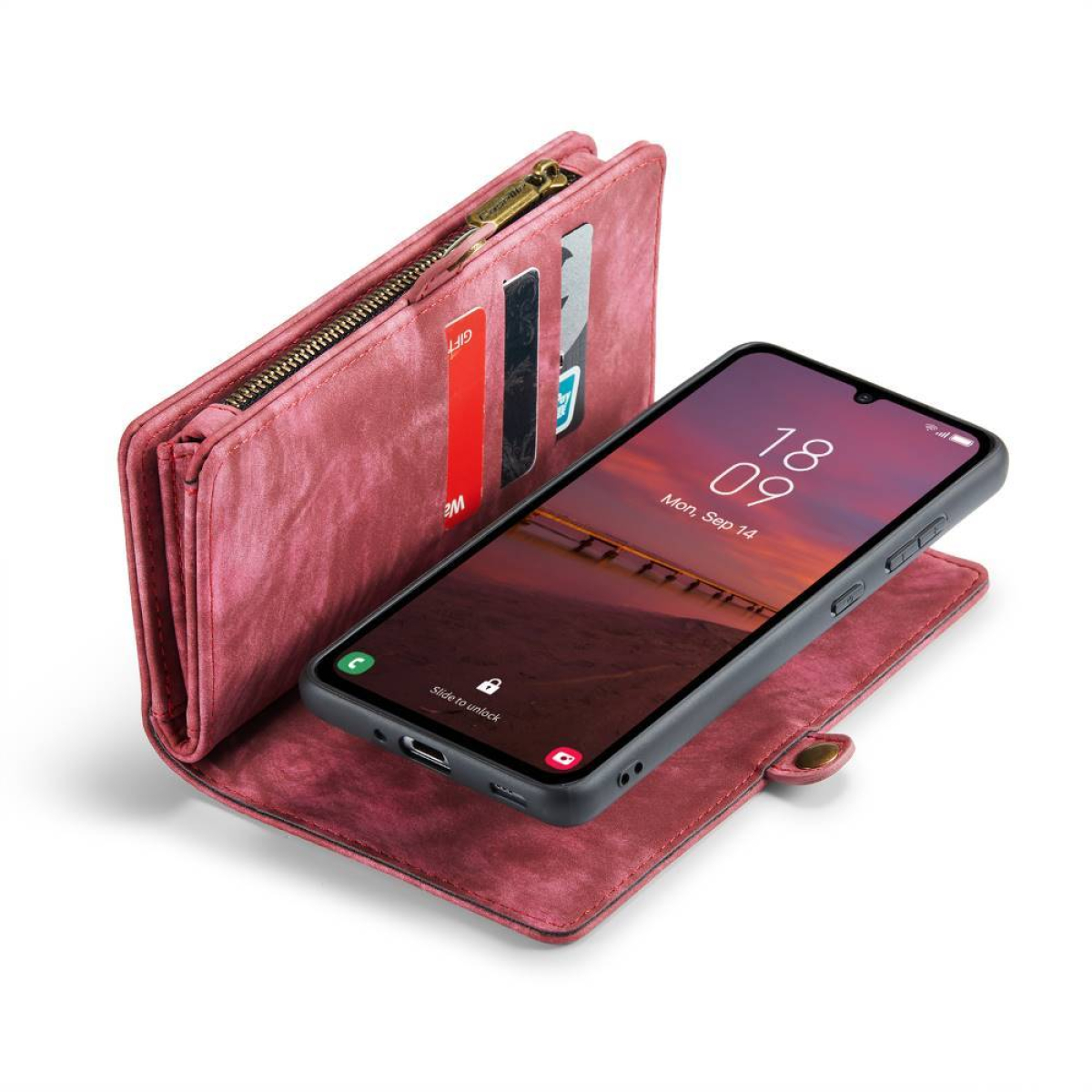 Ein rosa Brieftaschenetui mit einem Telefon mit Sonnenuntergangsbild auf dem Bildschirm und Kreditkarten.
