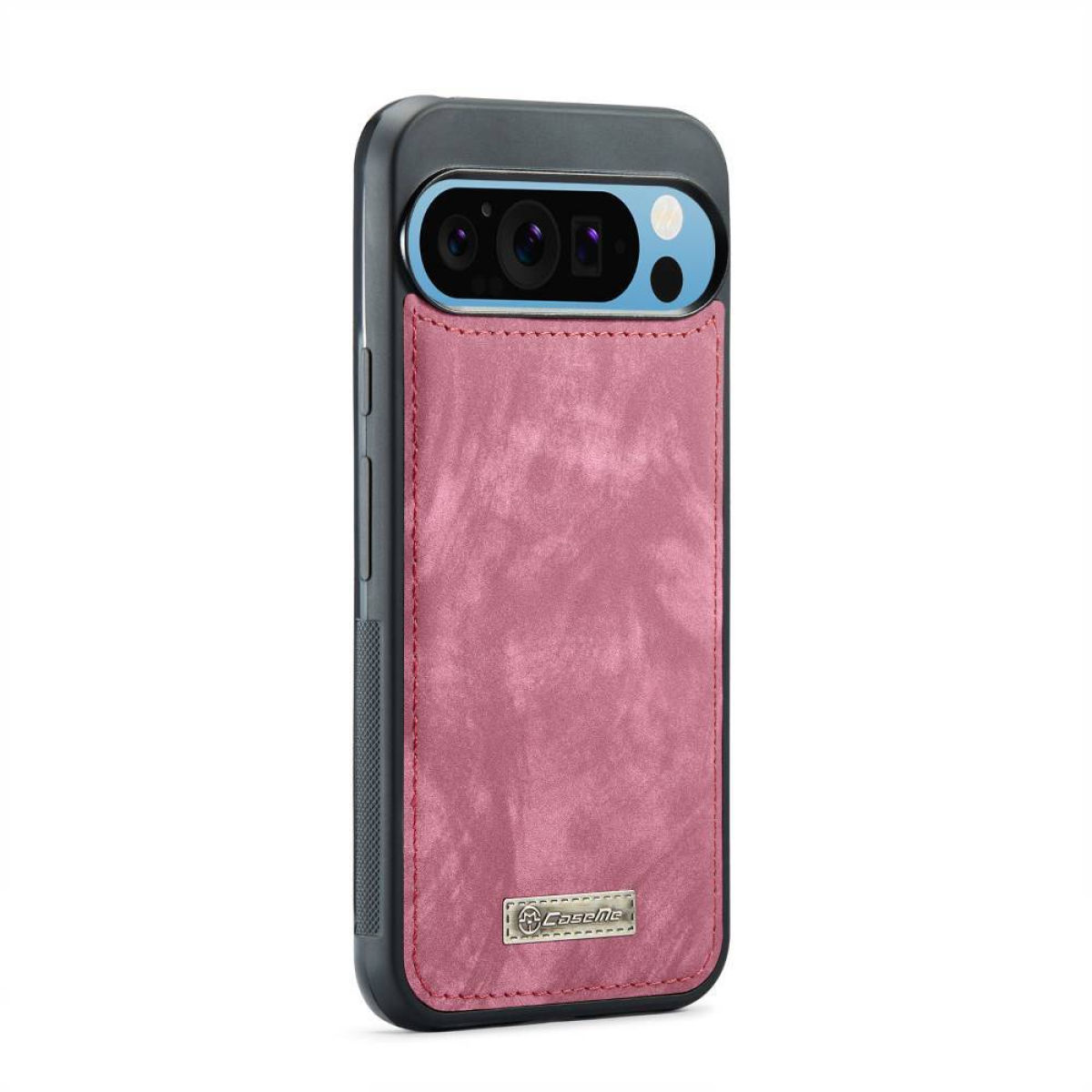 Eine Smartphone-Hülle mit rosa lederartiger Rückseite und schwarzem Rahmen, mit Kameraausschnitt.