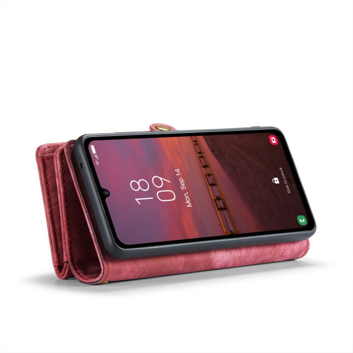 Eine rosa Handyhülle mit einem Telefon, das ein Sonnenuntergangsbild zeigt, geöffnet, um den Bildschirm anzuzeigen.
