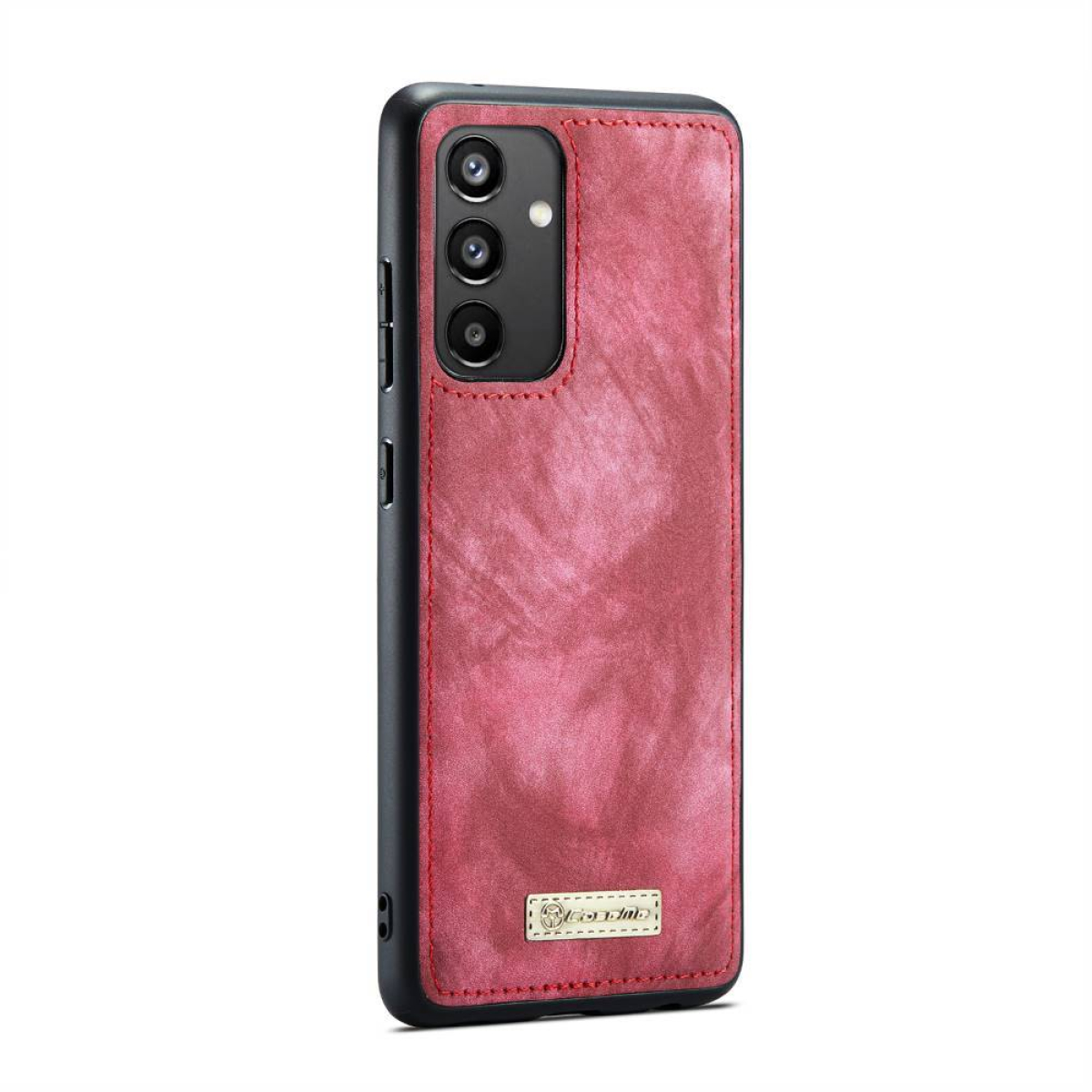 Rotes Handy-Case mit schwarzen Akzenten. Gold-Logo. Isoliert vor weißem Hintergrund.