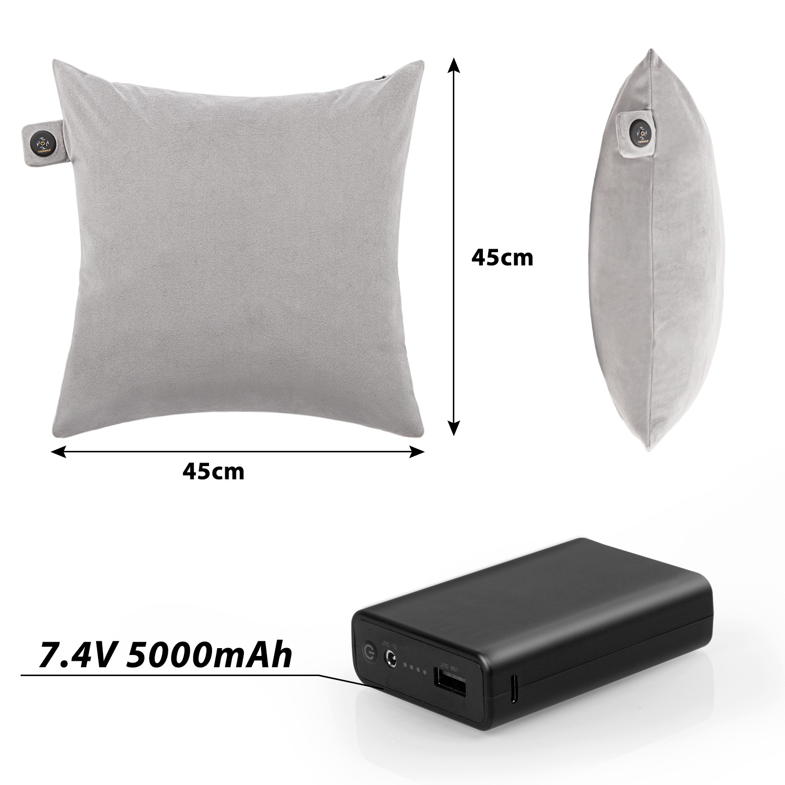 Graues Kissen mit Powerbank und Abmessungen. Quadratisches Kissen.