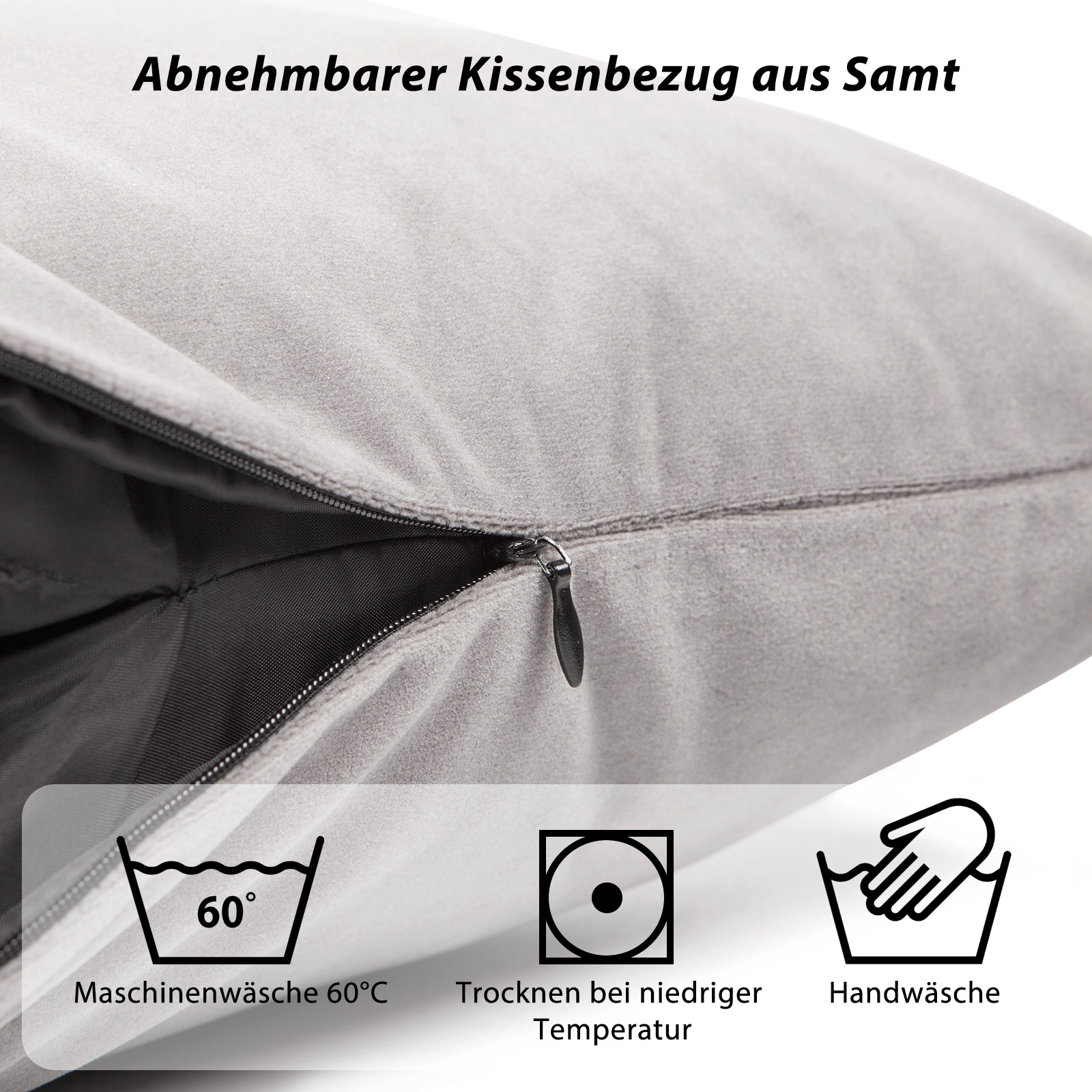 Graues Kissen mit Pflegehinweisen.