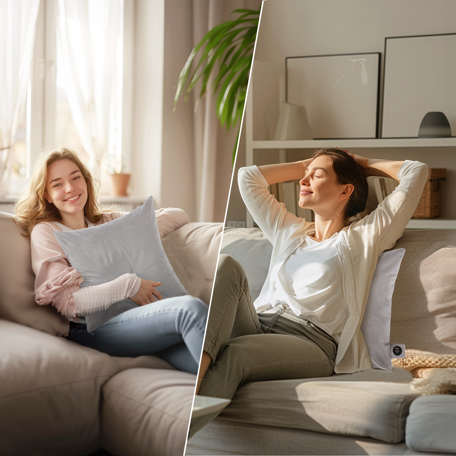 Zwei Frauen auf einem Sofa, eine lächelt, die andere entspannt sich mit einem Kissen.