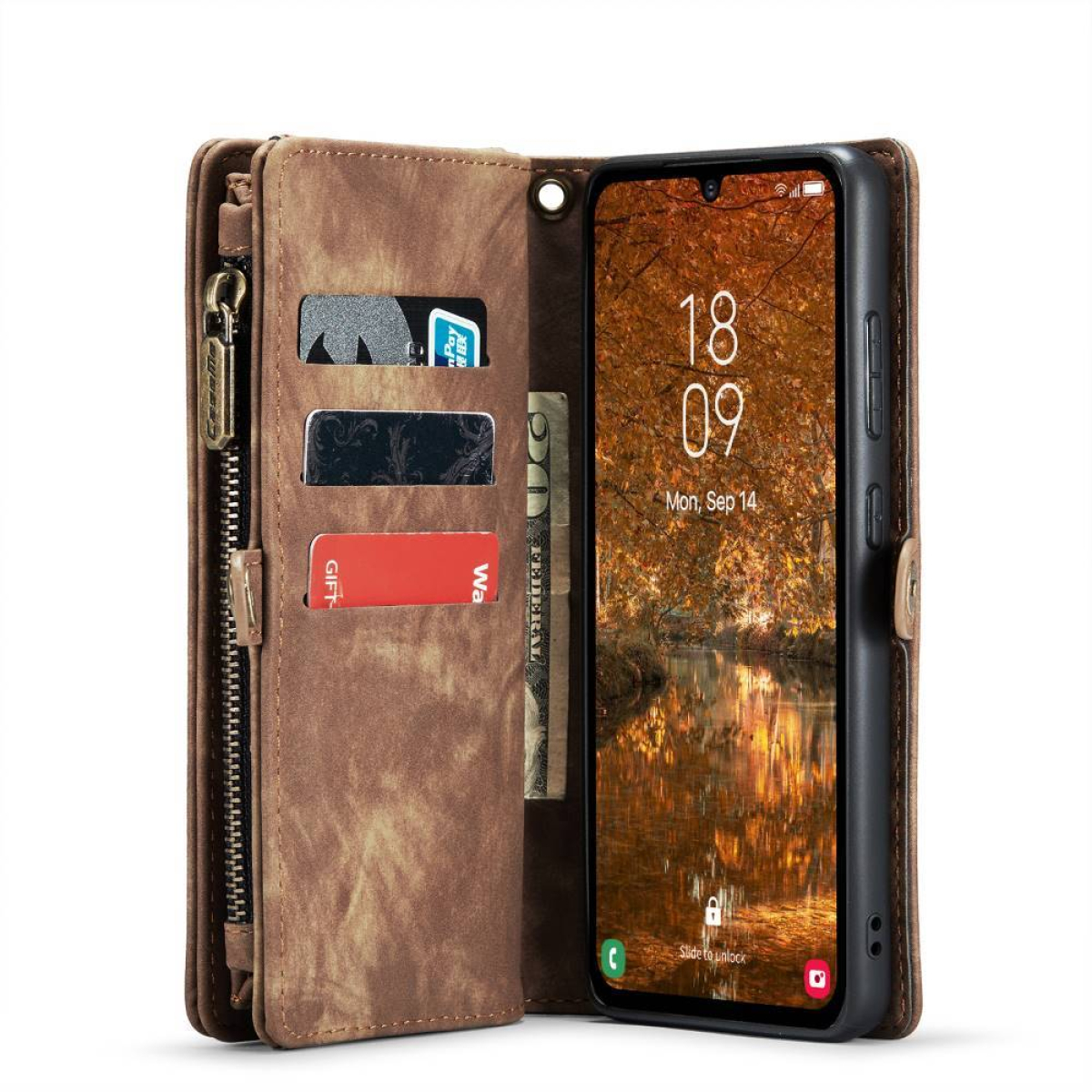 Braune Leder-Handyhülle mit Karten, einem Telefon mit Bildschirm und Reißverschluss.