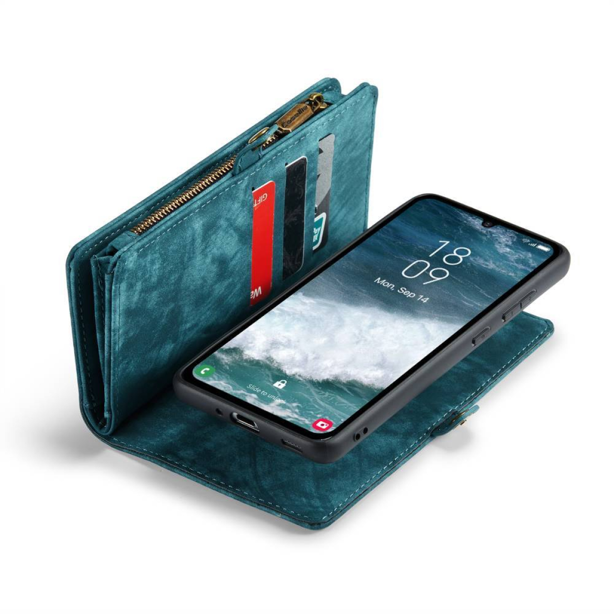 Eine teal Brieftasche-Handyhüllen-Kombi mit Handy, Karten und Reißverschluss.