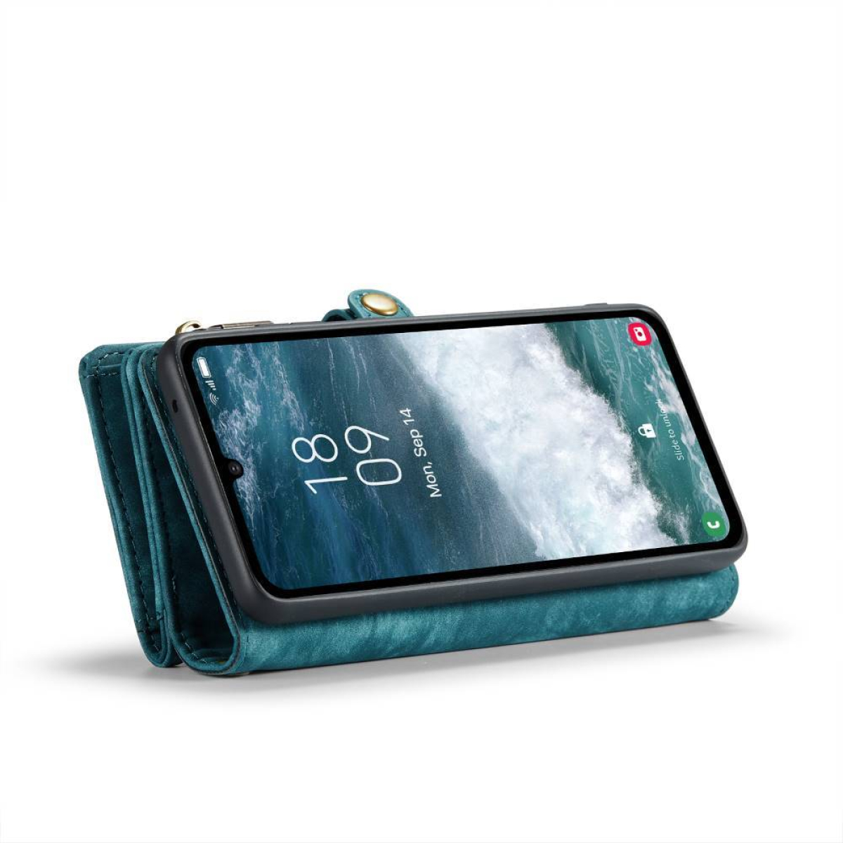 Eine tealfarbene Brieftaschen-Handyhülle mit einem Telefon darin, das das Datum zeigt.