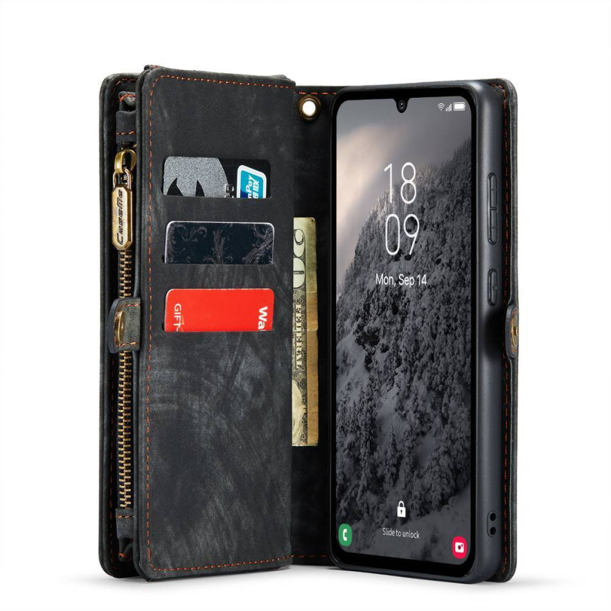 Schwarze Brieftaschen-Handyhülle, geöffnet, um das Telefon mit Karten im Inneren zu zeigen.