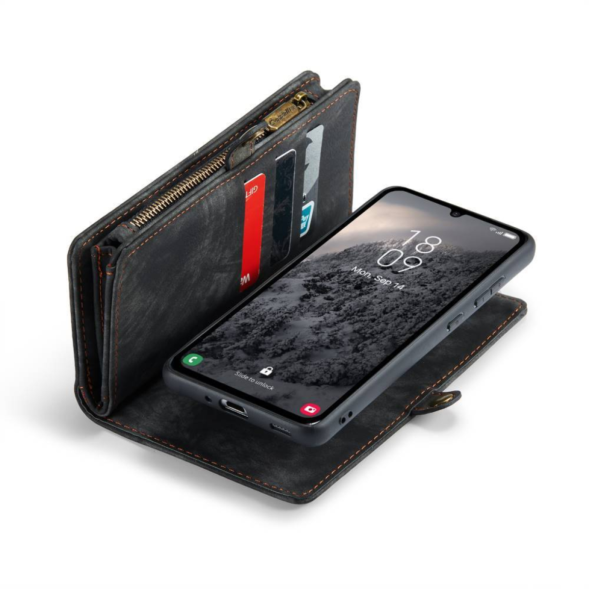 Eine schwarze Brieftaschen-Handyhülle mit einem Telefon darin und Karten in einem Reißverschlussfach.