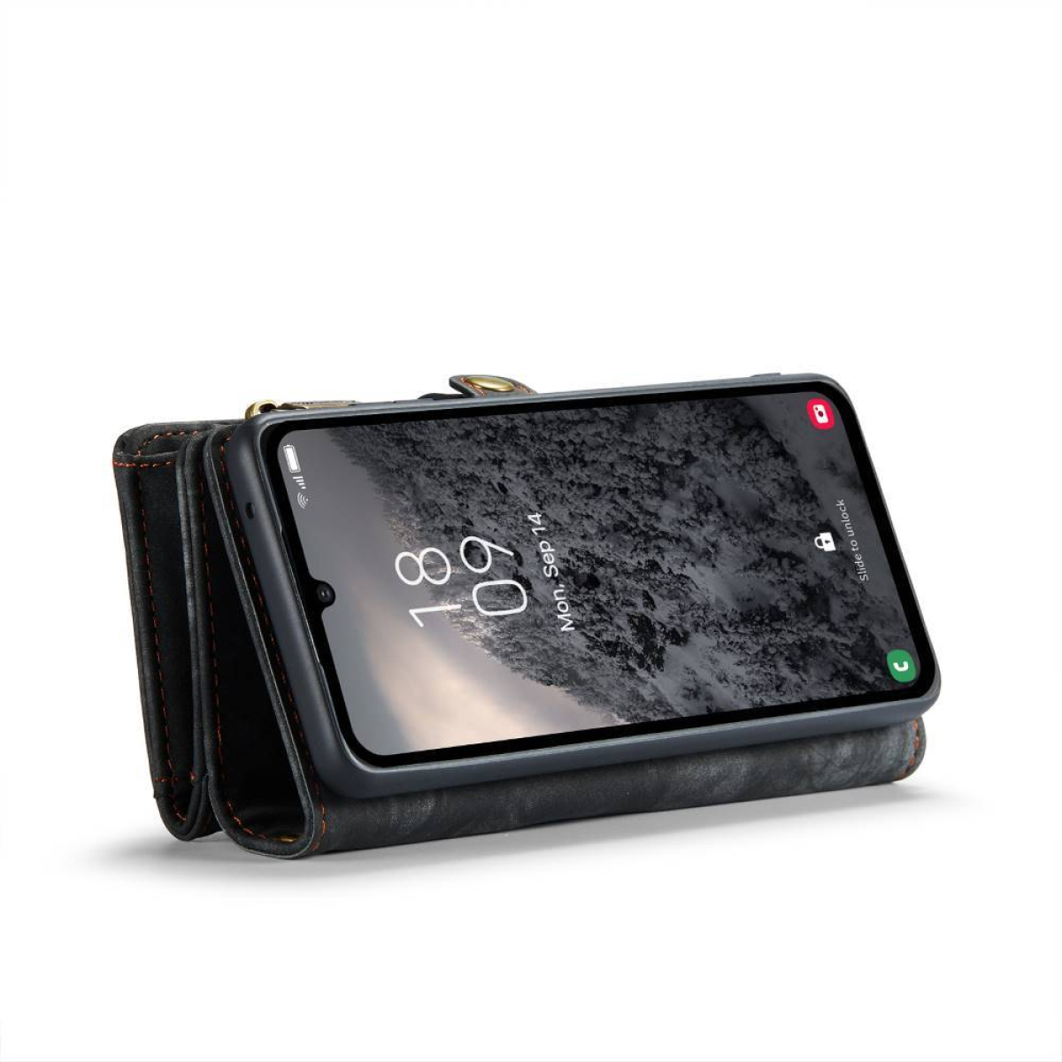 Geöffnete schwarze Ledergeldbörse mit Telefon und Karten. Das Telefon zeigt Startbildschirm.