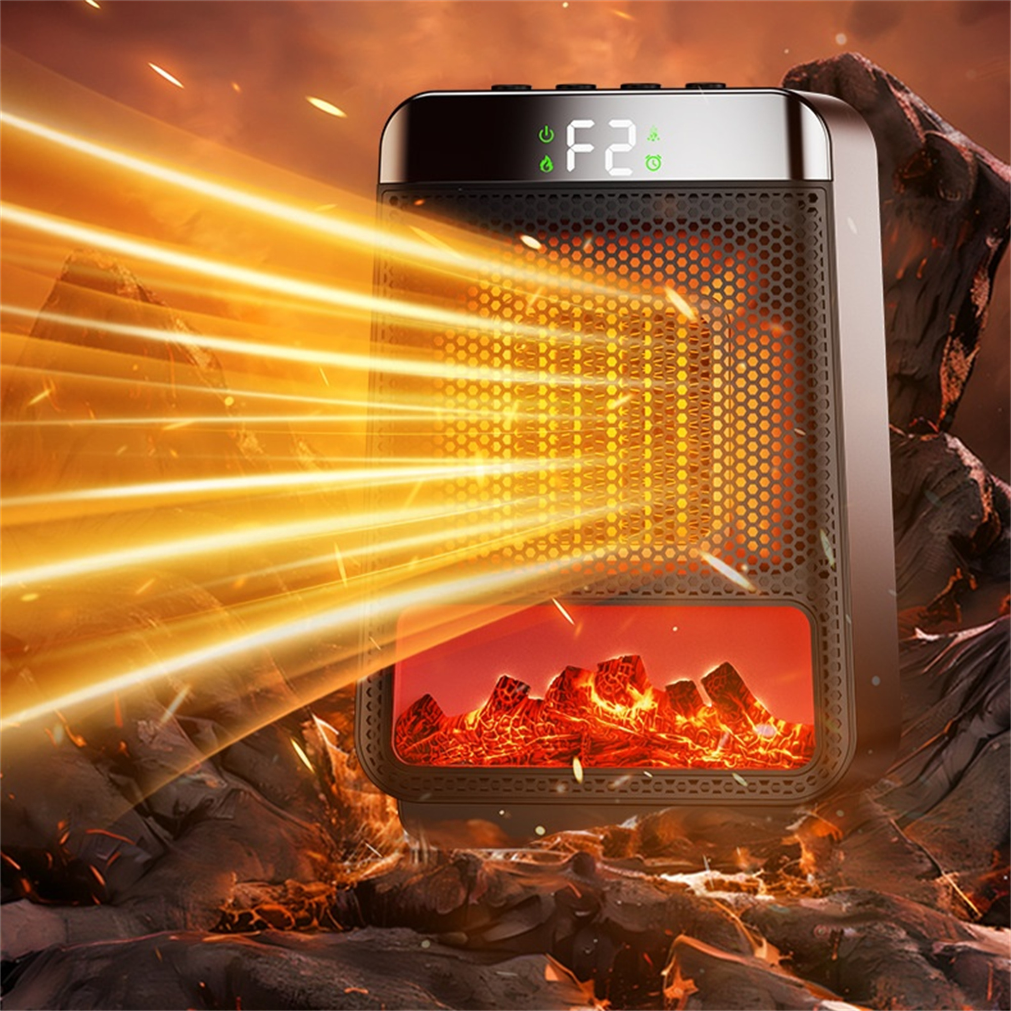 Schwarzer elektrischer Kaminofen mit Flammeneffekt, auf Steinhintergrund, mit Lichtstrahlen.