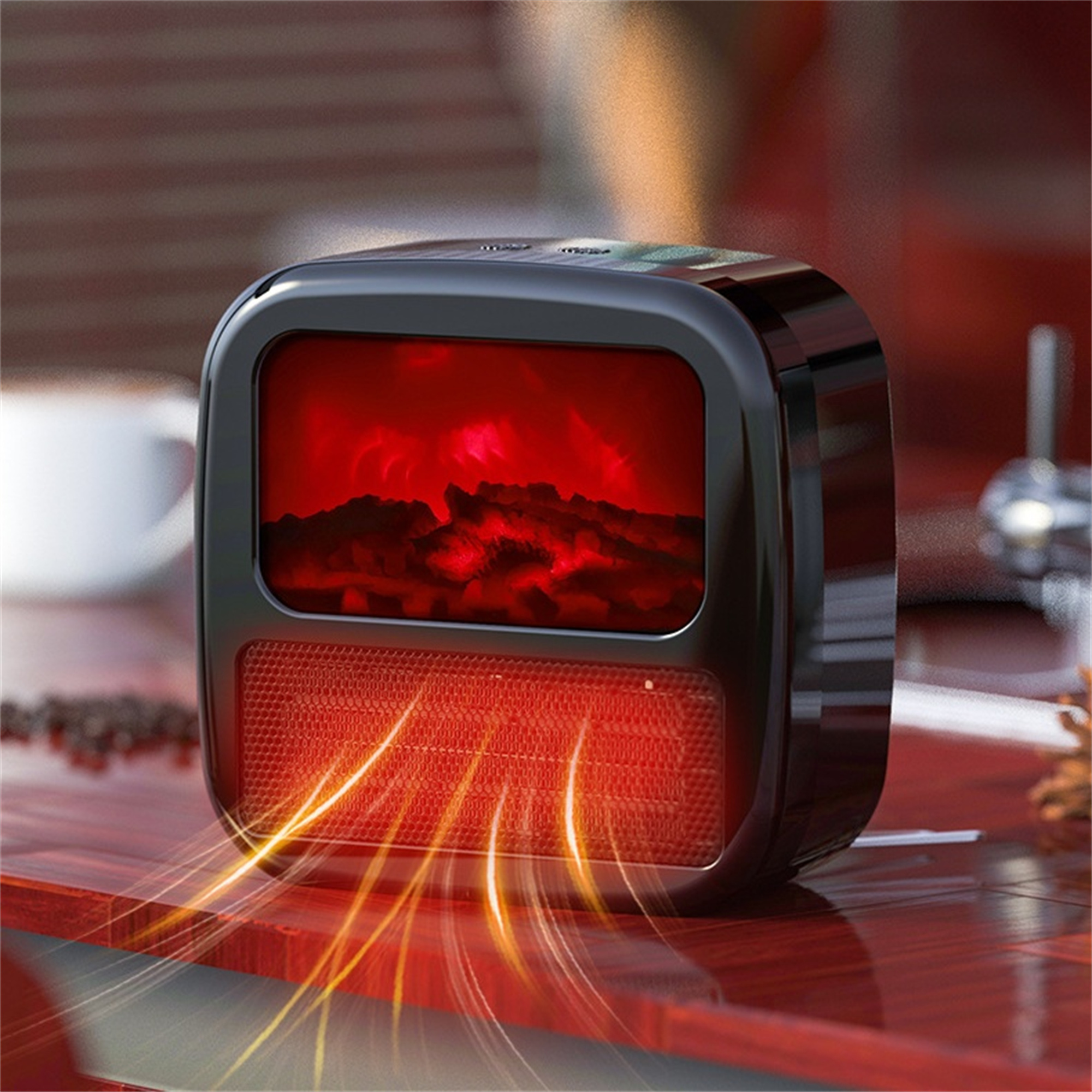 Schwarzer Elektro-Kamin mit rotem Feuereffekt und Heizung.