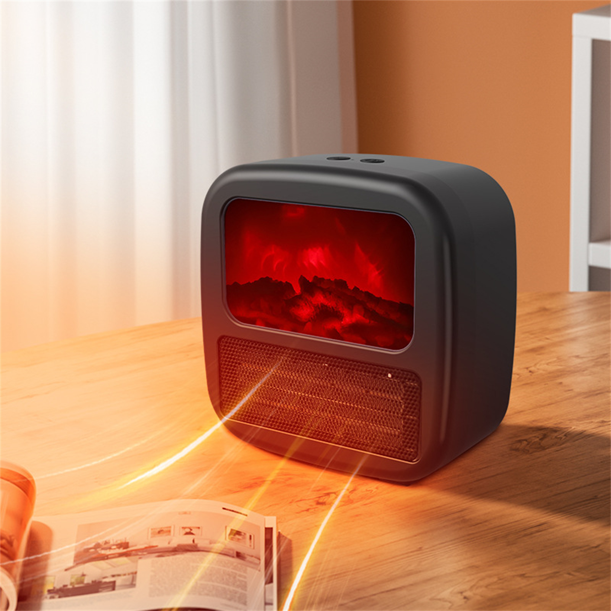 Schwarzer Elektrokamin auf einem Holztisch. Es hat einen roten Feuereffekt.