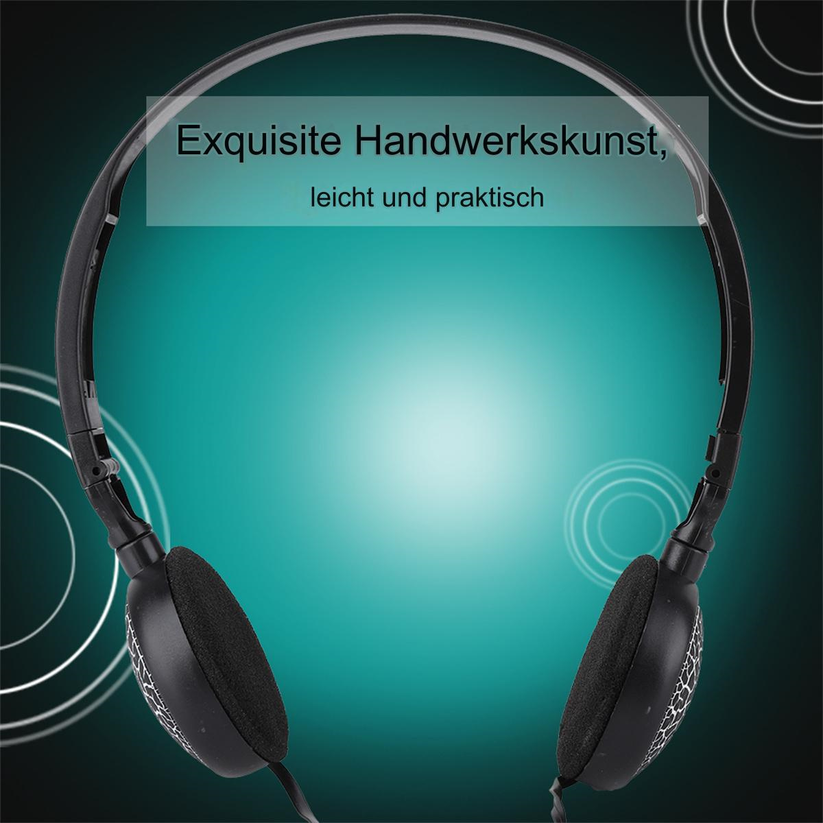 Schwarze Kopfhörer auf türkisfarbenem Hintergrund. Der Text lautet: 'Exquisite Handwerkskunst, leicht und praktisch'.