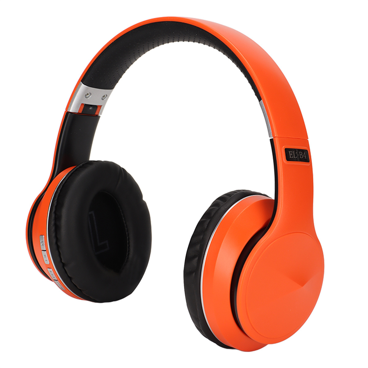 Orange Kopfhörer mit schwarzen Ohrmuscheln, weißer Hintergrund.