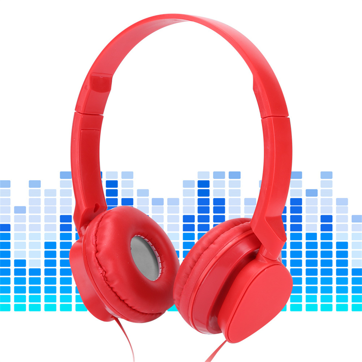 Rote Kopfhörer auf weißem Hintergrund, mit einem blau-weißen Equalizer-Design.