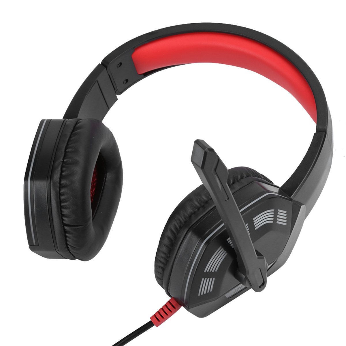 Schwarzes und rotes Gaming-Headset mit Mikrofon. Es hat schwarze Ohrmuscheln und rote Akzente.