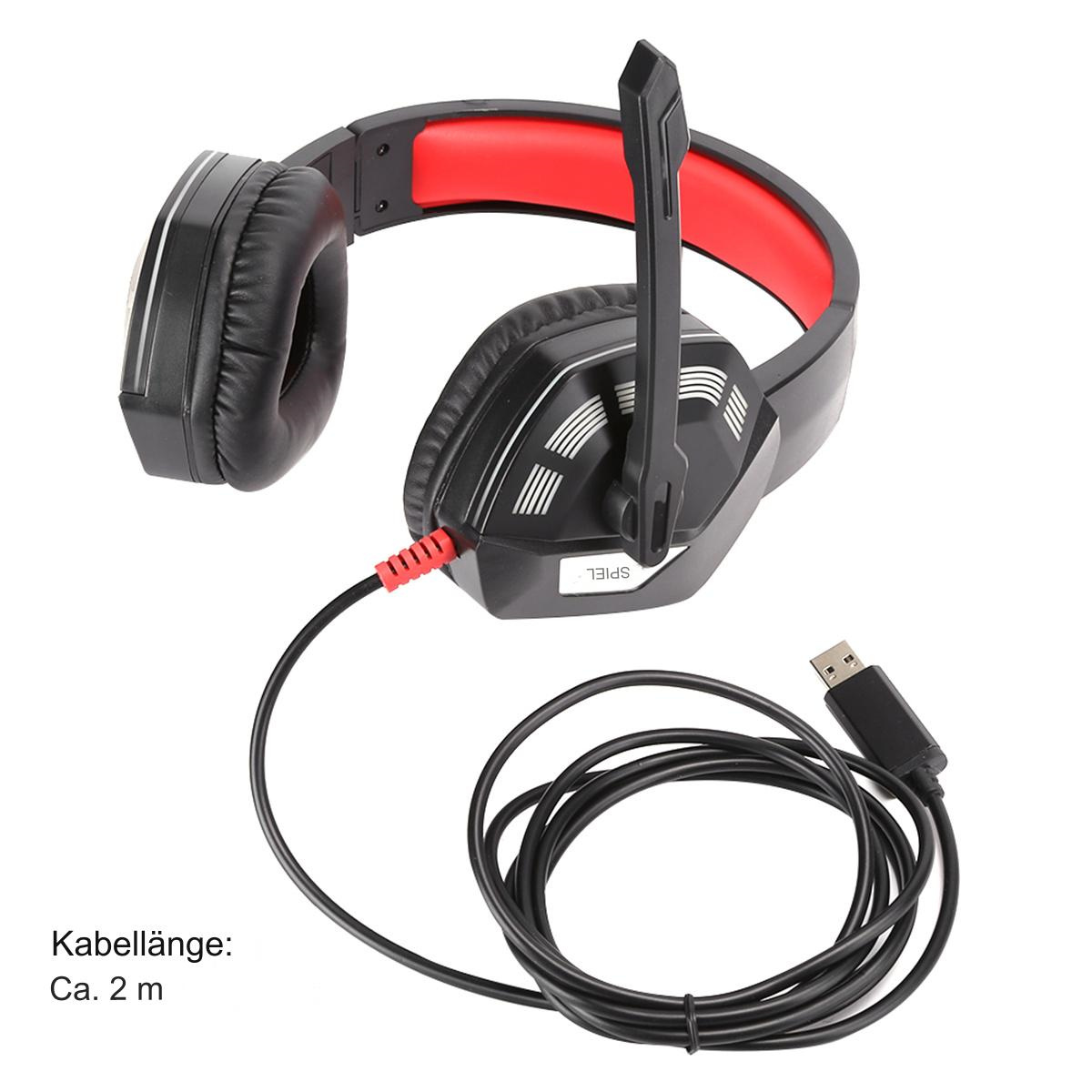 Schwarzes und rotes Gaming-Headset mit Mikrofon und angeschlossenem USB-Kabel.