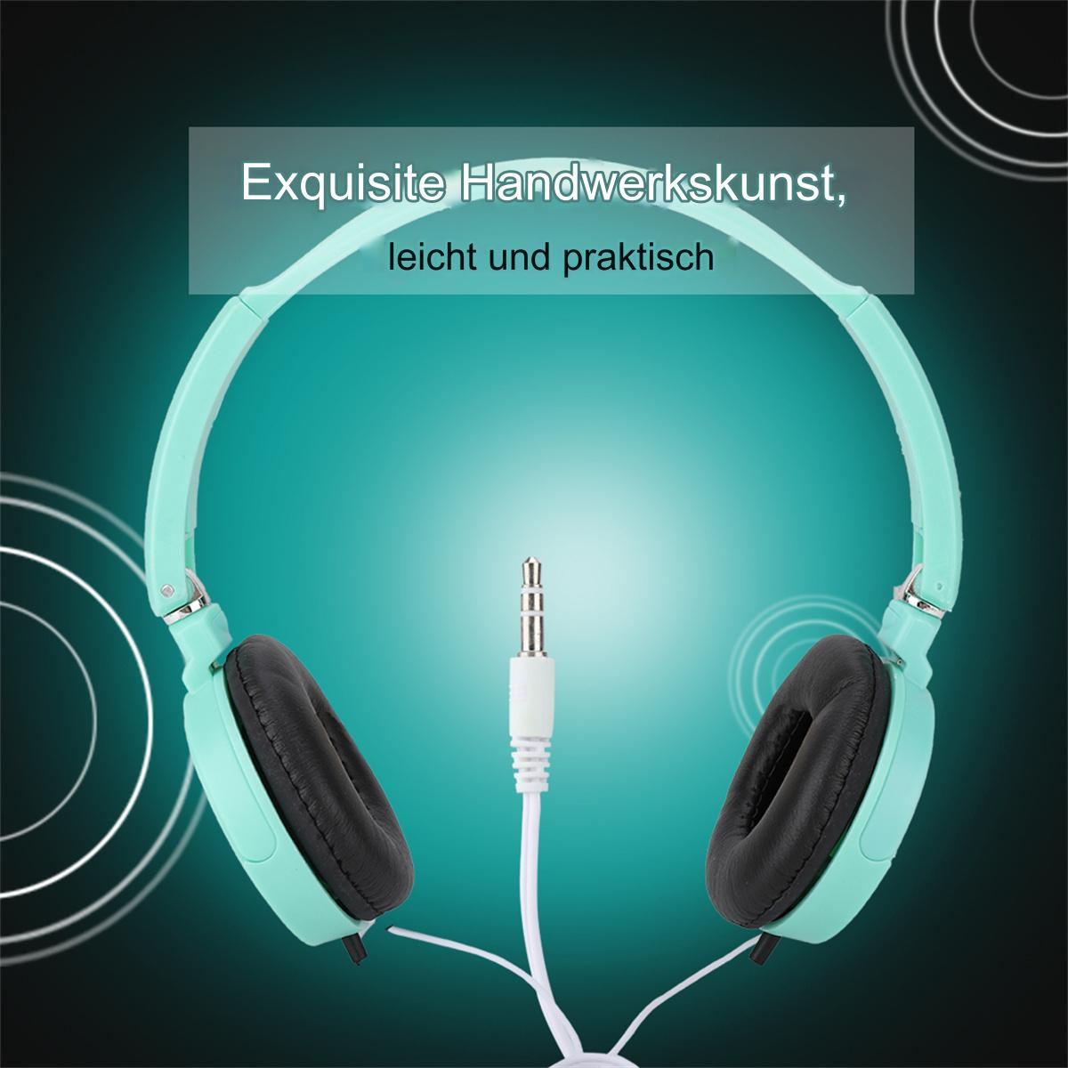 Minzfarbene Kopfhörer mit weißem Kabel und Stecker. Text auf Deutsch oben.