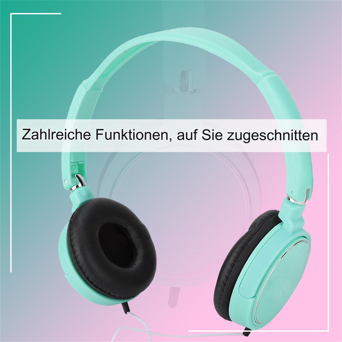 Mintgrüne Kopfhörer mit schwarzen Ohrmuscheln. Text auf Deutsch: Zahlreiche Funktionen, auf Sie zugeschnitten.