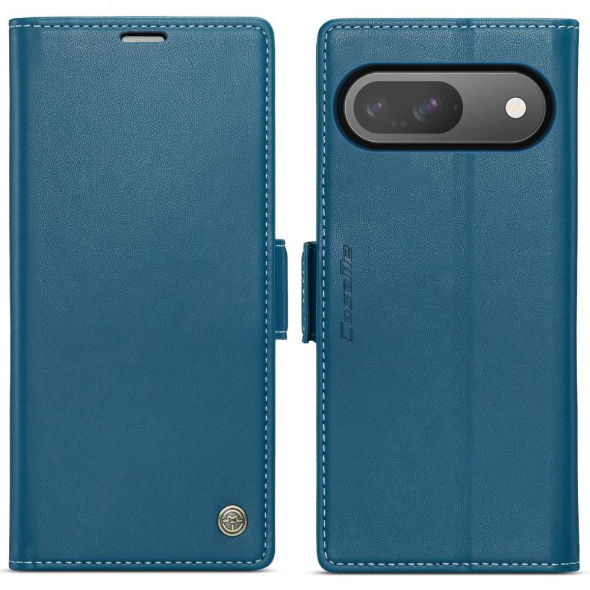 Blaue Handyhülle, geschlossen und offen. Offen zeigt die Handykamera. Nähte um die Ränder. Hülle aus Leder.