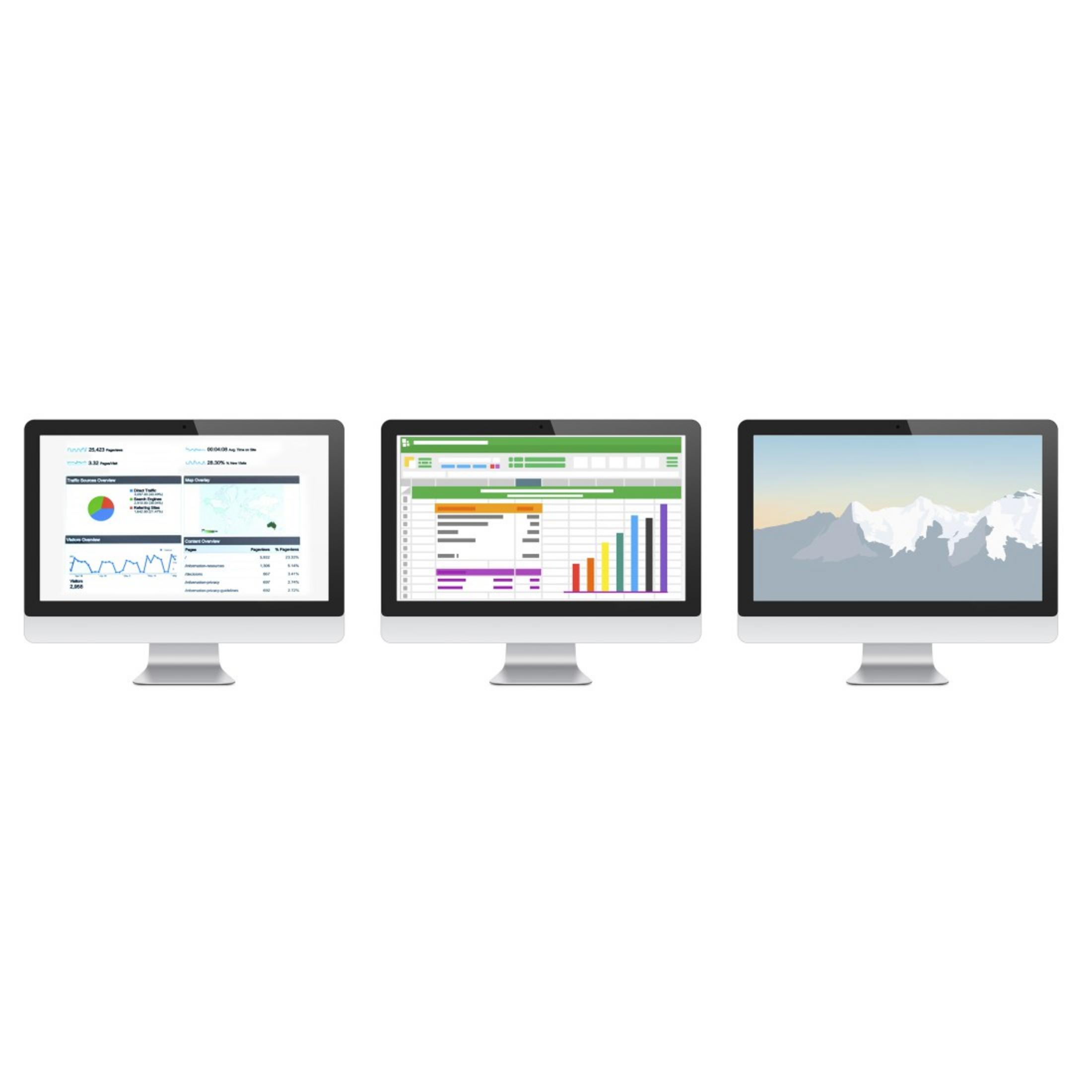 Trzy monitory komputerowe wyświetlające różne wizualizacje danych na białym tle. Ekrany są włączone.