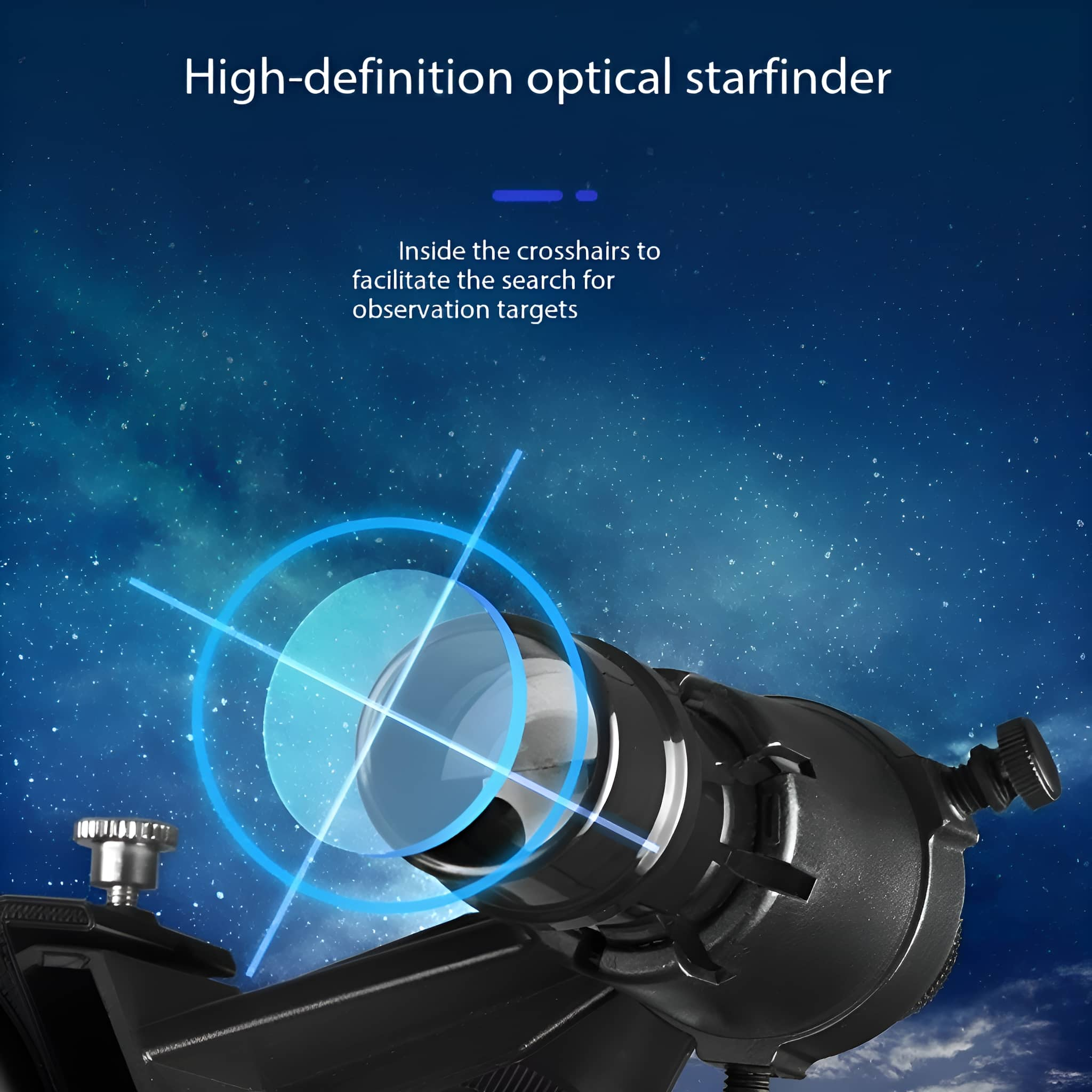 Sternsucher mit Text und blauen Lichtstrahlen auf sternenklarem Hintergrund.