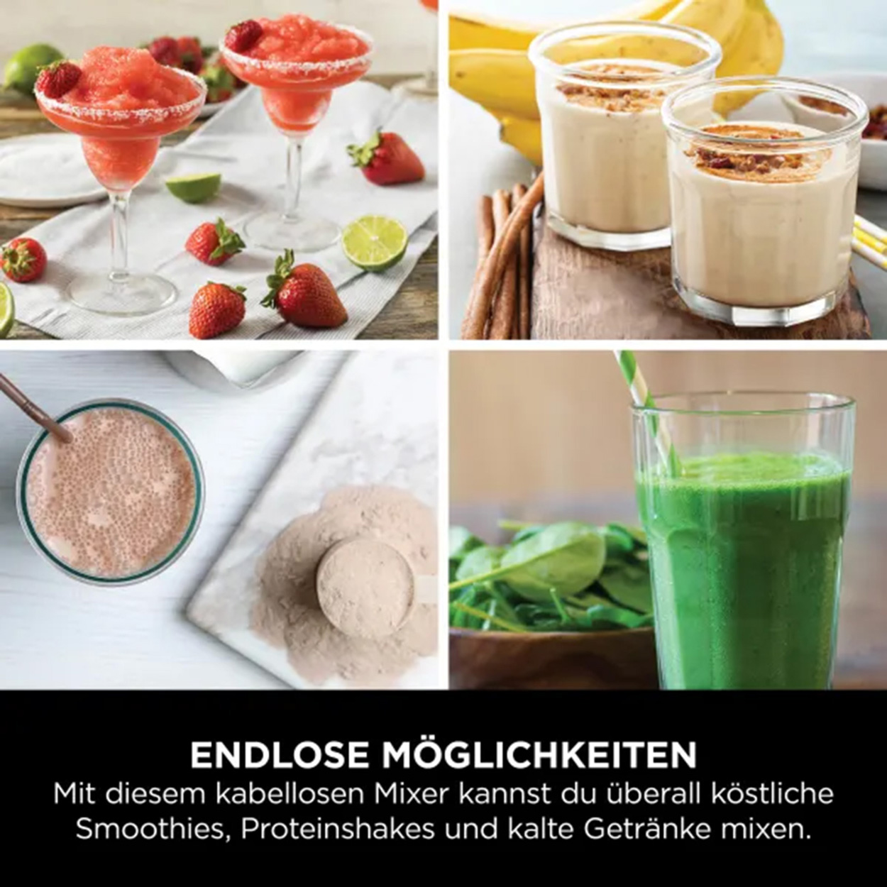 Eine Collage von Smoothies und Getränken. Text auf Deutsch unten.