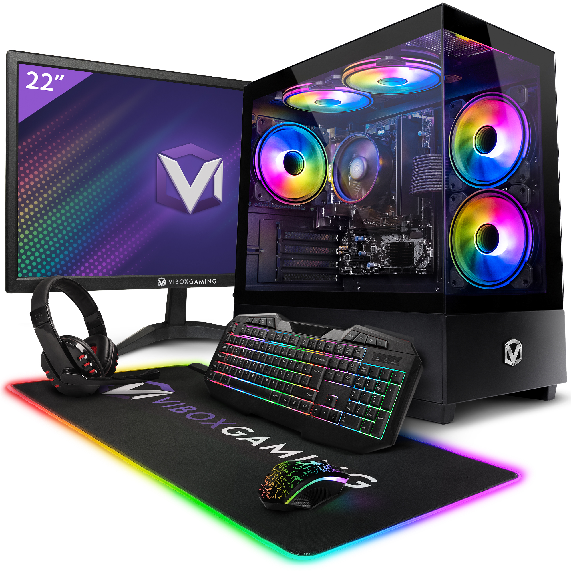 Schwarzes PC-Setup mit Monitor, Tower, Tastatur, Maus und Headset.