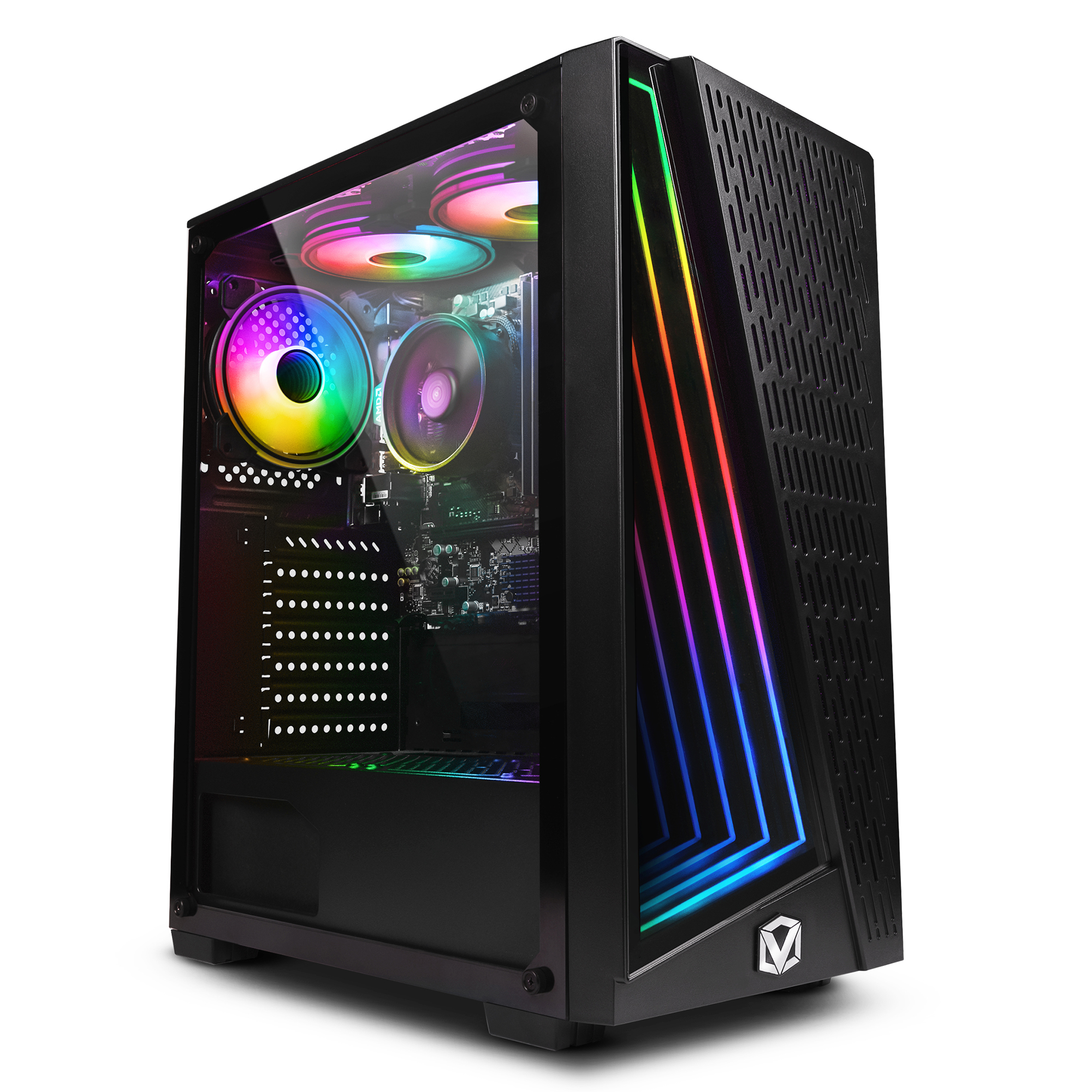 Ein schwarzes PC-Gehäuse mit RGB-Lichtern auf der Vorder- und den Seitenteilen.