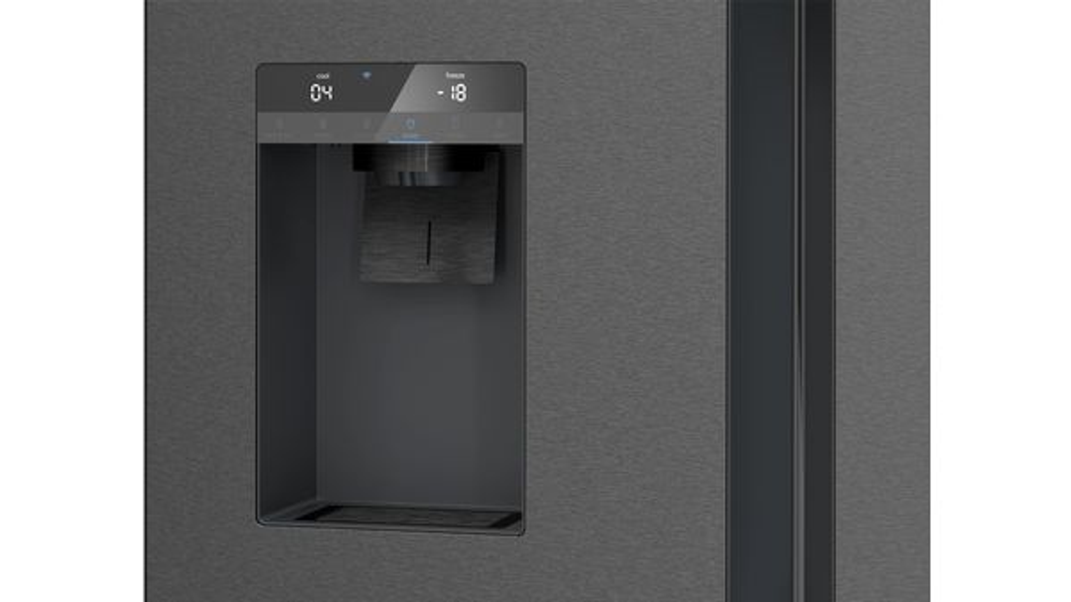 Dunkle Kühlschranktür mit Wasserspender und Display.